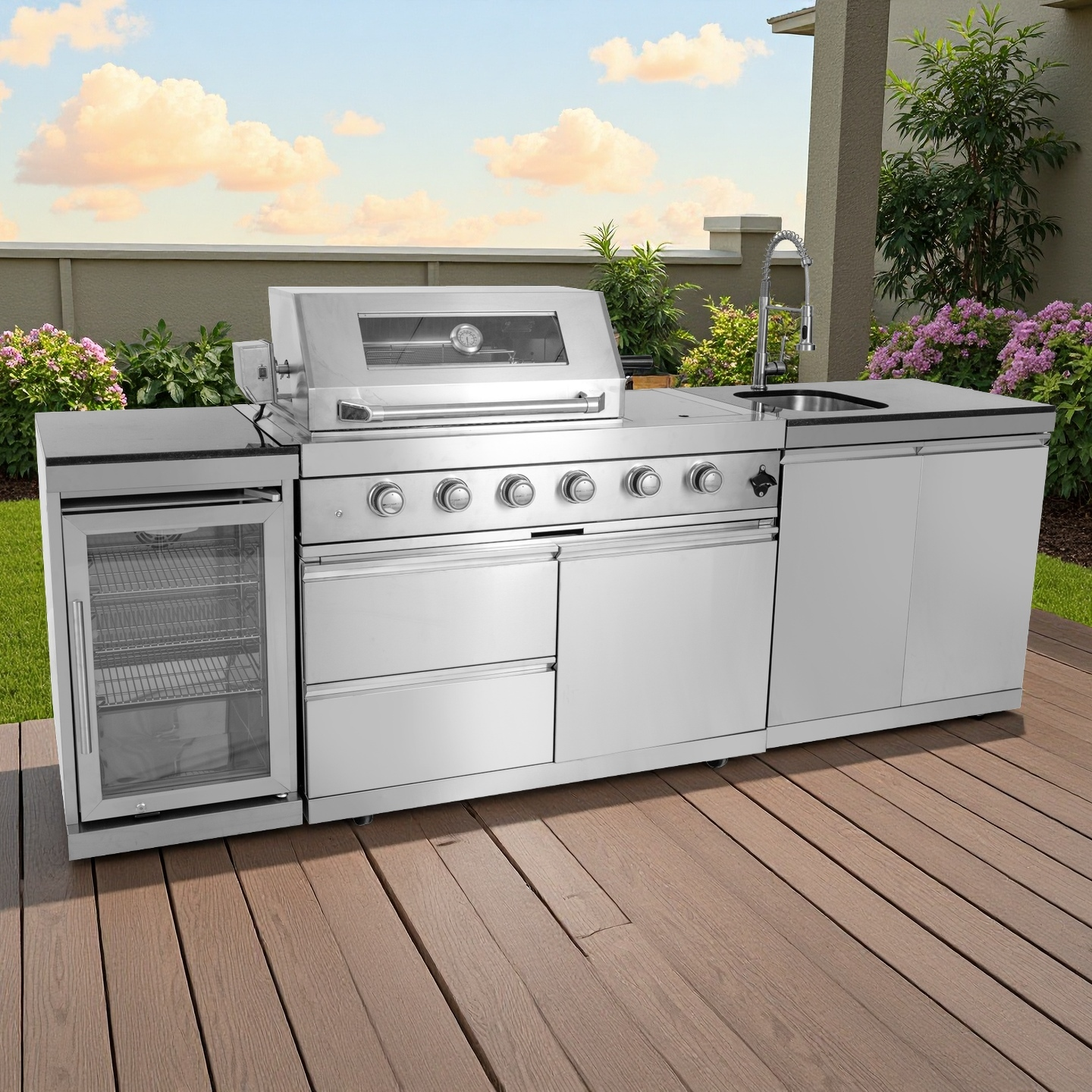 Outdoor Grill Islands 104" 4-Burner: 72000 BTU Outdoor bbq Island with Refrigerator Rotisserie kit Stainless steel Sink and Storage | Easy Setup