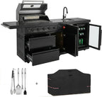 Outdoor BBQ Island Grill, 75,300 BTU 4 Burners + Side Burner, Infrared Rear Burner, LP/NG Convertible, Granite Top, Rotisserie, BBQ Tools, Cover Stainless Steel Outdoor Kitchen Island