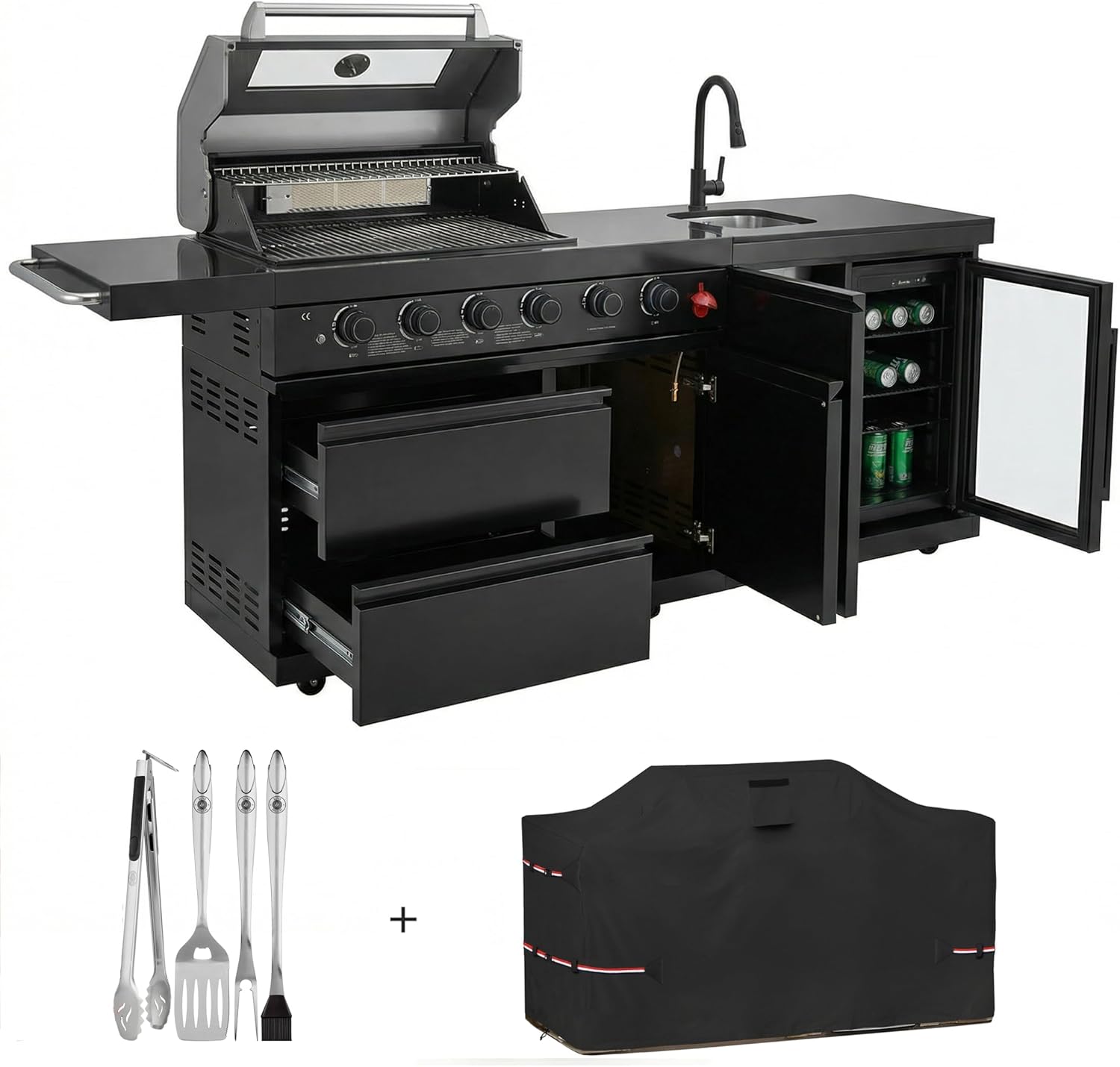 Outdoor BBQ Island Grill, 75,300 BTU 4 Burners + Side Burner, Infrared Rear Burner, LP/NG Convertible, Granite Top, Rotisserie, BBQ Tools, Cover Stainless Steel Outdoor Kitchen Island