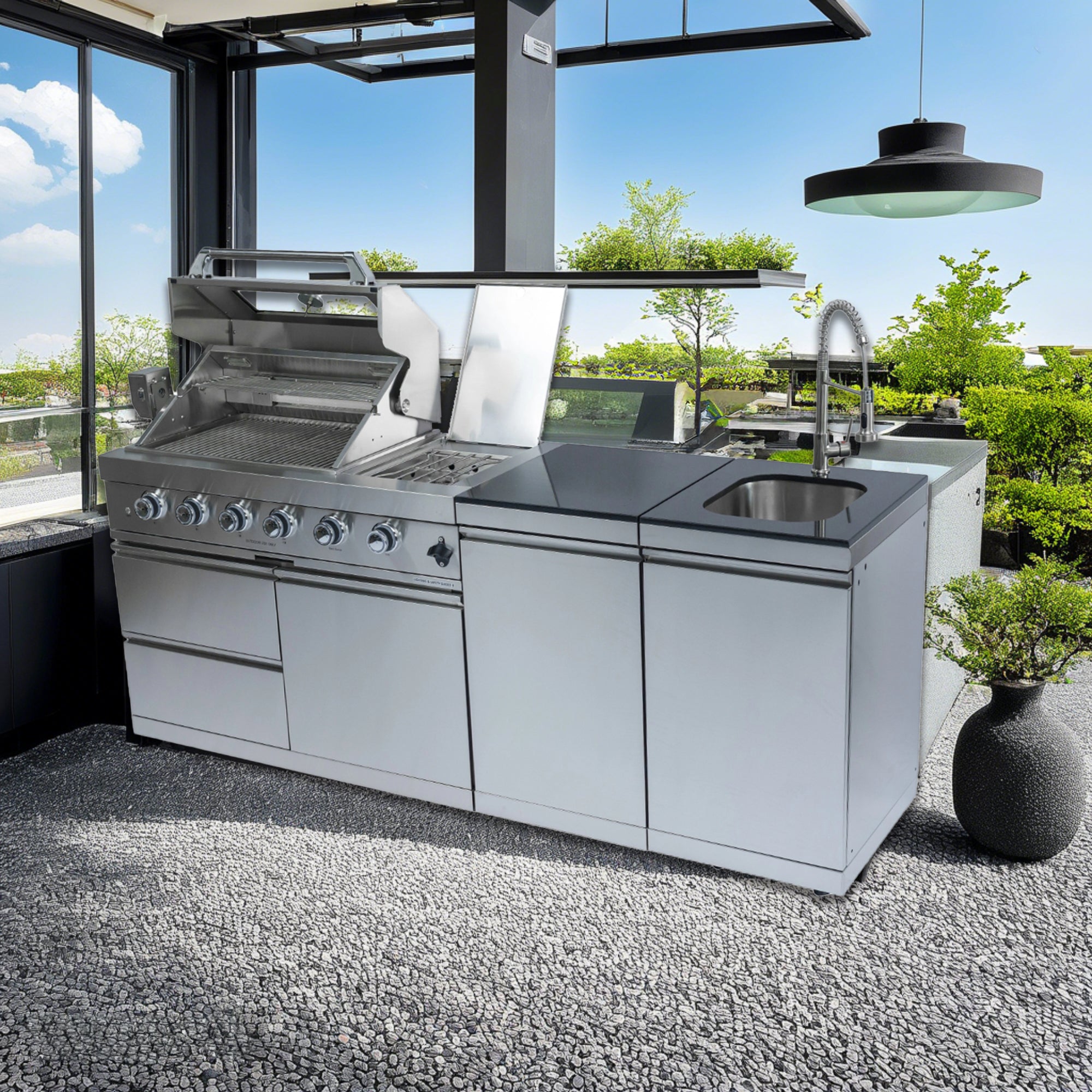 BBQ Island Outdoor Kitchen: 84-Inch 4-Burner 72000 BTU Modular Outdoor Kitchen with Grill + Sink + Storage Cabinet & Rotisserie Kit - BBQ Grill Islands Built-in Combo