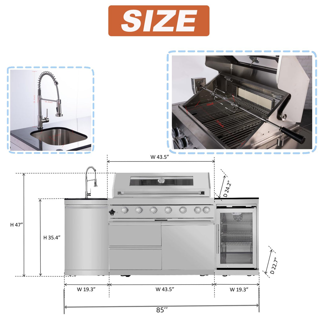 Outdoor Kitchen Island 85" 6-Burner 85000 BTU Deluxe Modular BBQ Island - Grill Islands w/Wine Cooler, Built in Combo Outside Island + Rotisserie & Granite Top Outdoor Grill