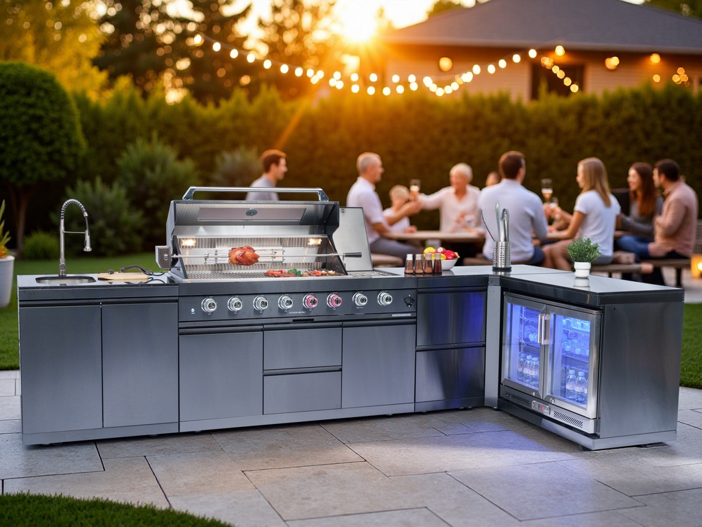 BBQ Grill Island Outdoor Kitchen: Luxury 160 Inch 6-Burner 96000 BTU Stainless Steel Built-in Propane Gas Barbecue Station with Wine Cooler Refrigerator, Rotisserie, Storage Cabinets, Drawers, Sink