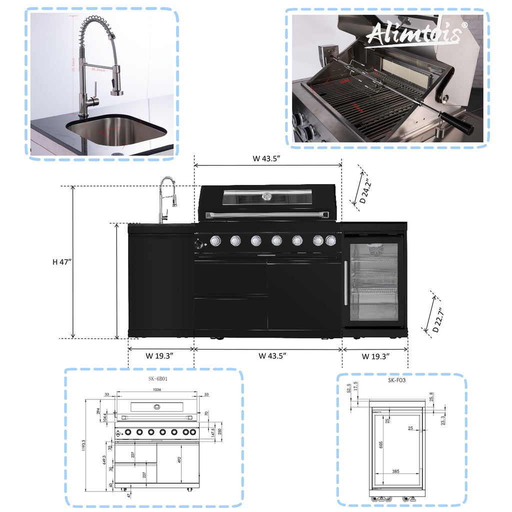 82-Inch 6-Burner 85000 BTU Deluxe Stainless Steel Gas BBQ Island Outdoor Kitchen with Wine Cooler, Rotisserie Kit, Granite Countertops & Stainless Steel Sink - Modular Outdoor Kitchen