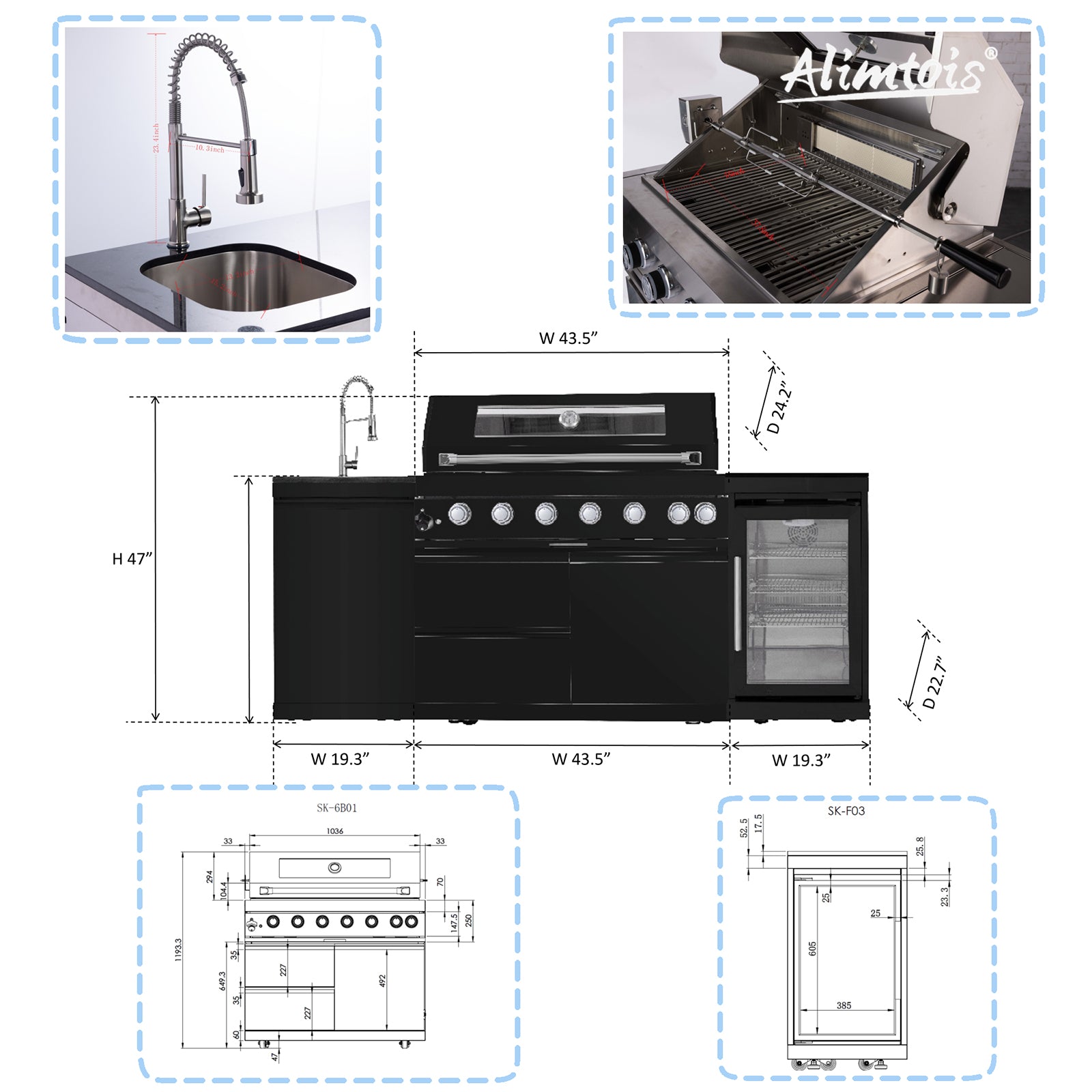 82-Inch 6-Burner 85000 BTU Deluxe Stainless Steel Gas BBQ Island Outdoor Kitchen with Wine Cooler, Rotisserie Kit, Granite Countertops & Stainless Steel Sink - Modular Outdoor Kitchen