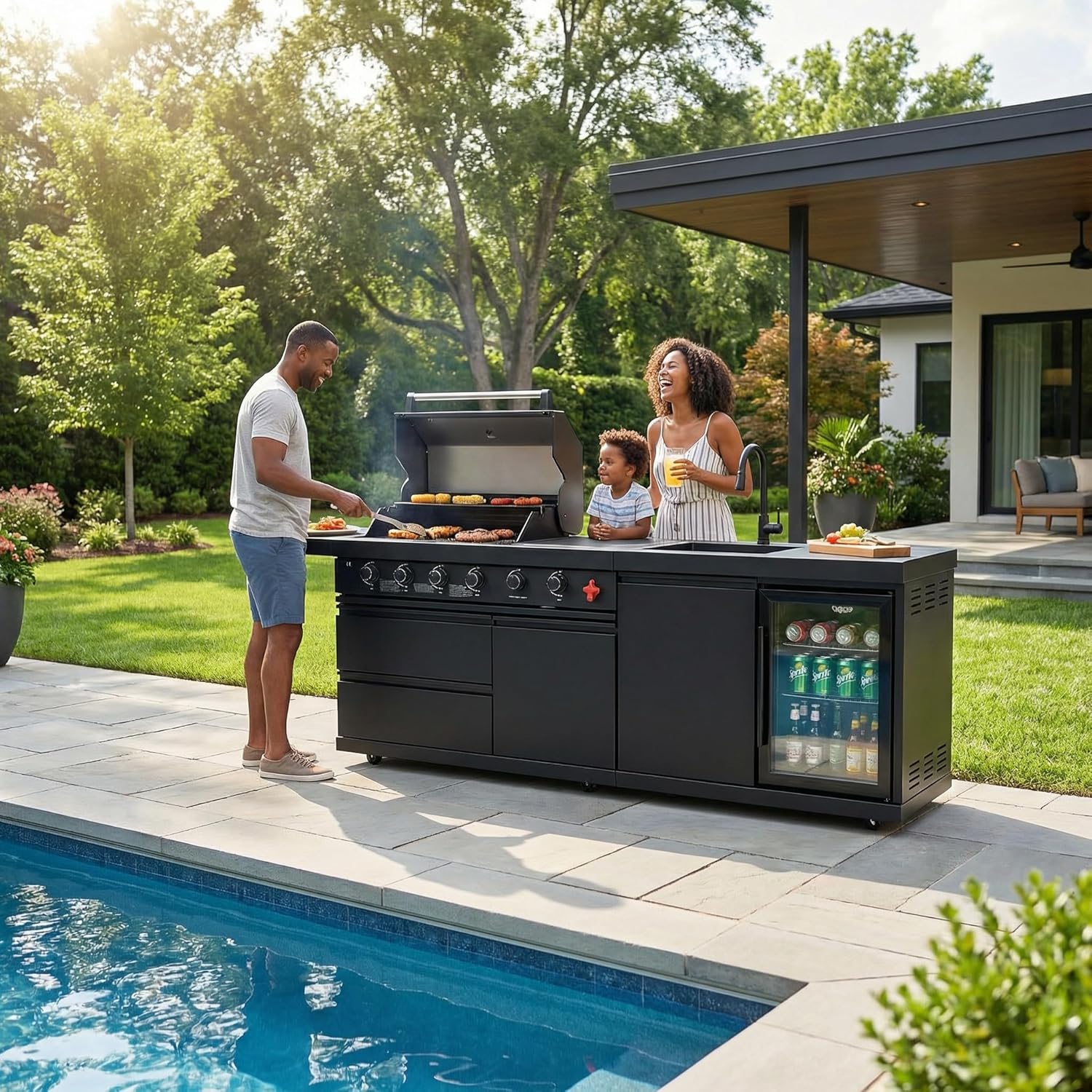 Outdoor BBQ Island Grill, 75,300 BTU 4 Burners + Side Burner, Infrared Rear Burner, LP/NG Convertible, Granite Top, Rotisserie, BBQ Tools, Cover Stainless Steel Outdoor Kitchen Island