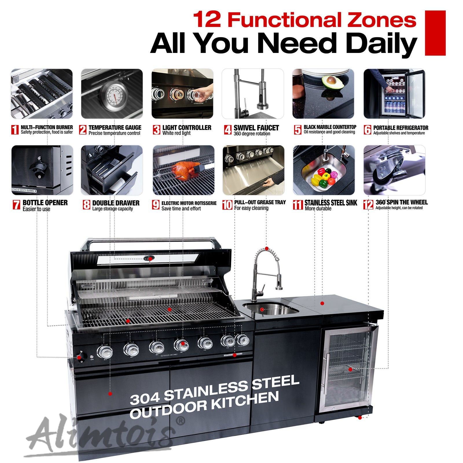82-Inch 6-Burner 85000 BTU Deluxe Stainless Steel Gas BBQ Island Outdoor Kitchen with Wine Cooler, Rotisserie Kit, Granite Countertops & Stainless Steel Sink - Modular Outdoor Kitchen