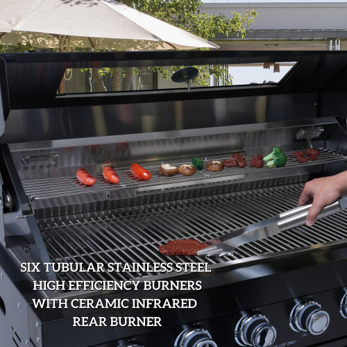 82-Inch 6-Burner 85000 BTU Deluxe Stainless Steel Gas BBQ Island Outdoor Kitchen with Wine Cooler, Rotisserie Kit, Granite Countertops & Stainless Steel Sink - Modular Outdoor Kitchen