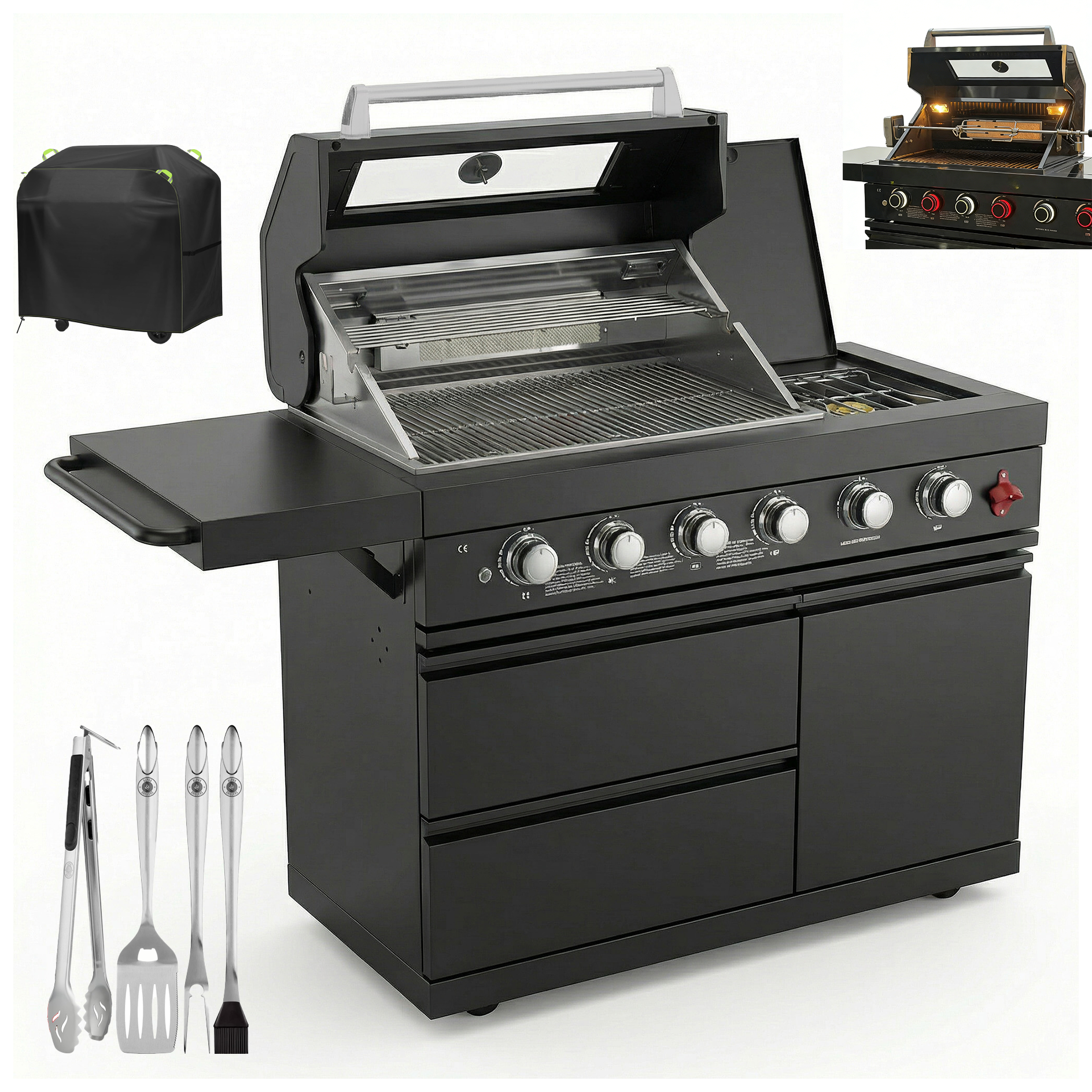 Outdoor BBQ Island Grill, 75,300 BTU 4 Burners + Side Burner, Infrared Rear Burner, LP/NG Convertible, Granite Top, Rotisserie, BBQ Tools, Cover Stainless Steel Outdoor Kitchen Island