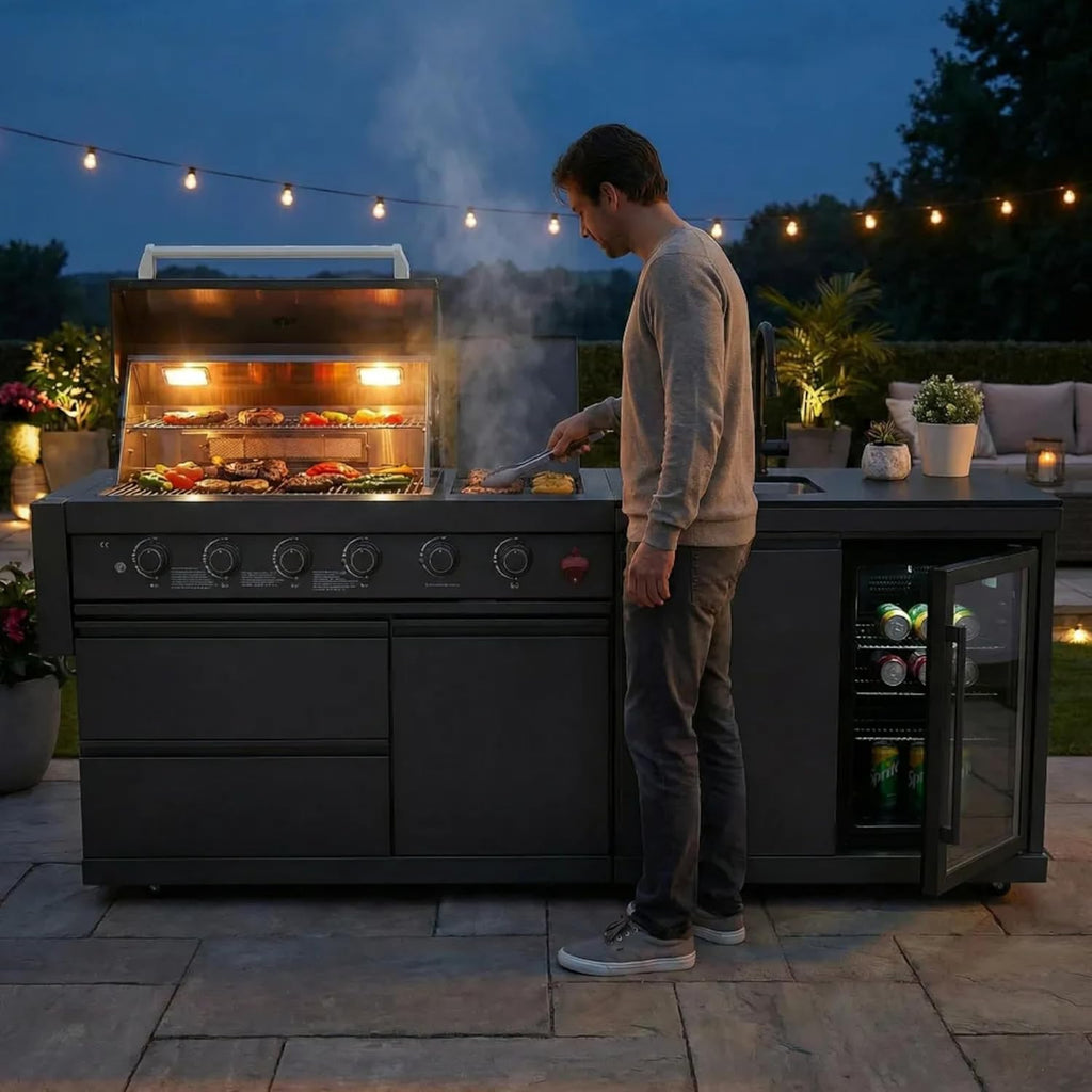 Outdoor BBQ Island Grill, 75,300 BTU 4 Burners + Side Burner, Infrared Rear Burner, LP/NG Convertible, Granite Top, Rotisserie, BBQ Tools, Cover Stainless Steel Outdoor Kitchen Island