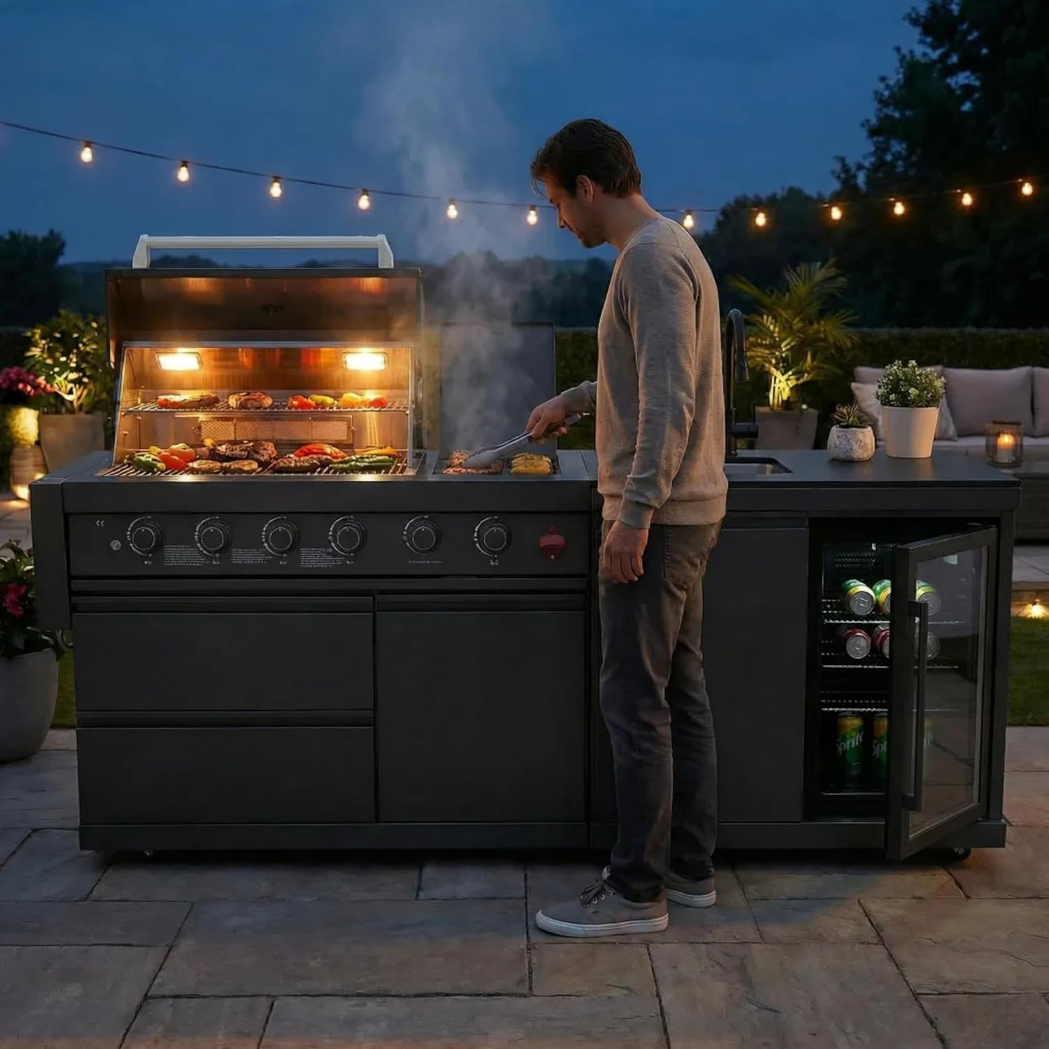 Outdoor BBQ Island Grill, 75,300 BTU 4 Burners + Side Burner, Infrared Rear Burner, LP/NG Convertible, Granite Top, Rotisserie, BBQ Tools, Cover Stainless Steel Outdoor Kitchen Island