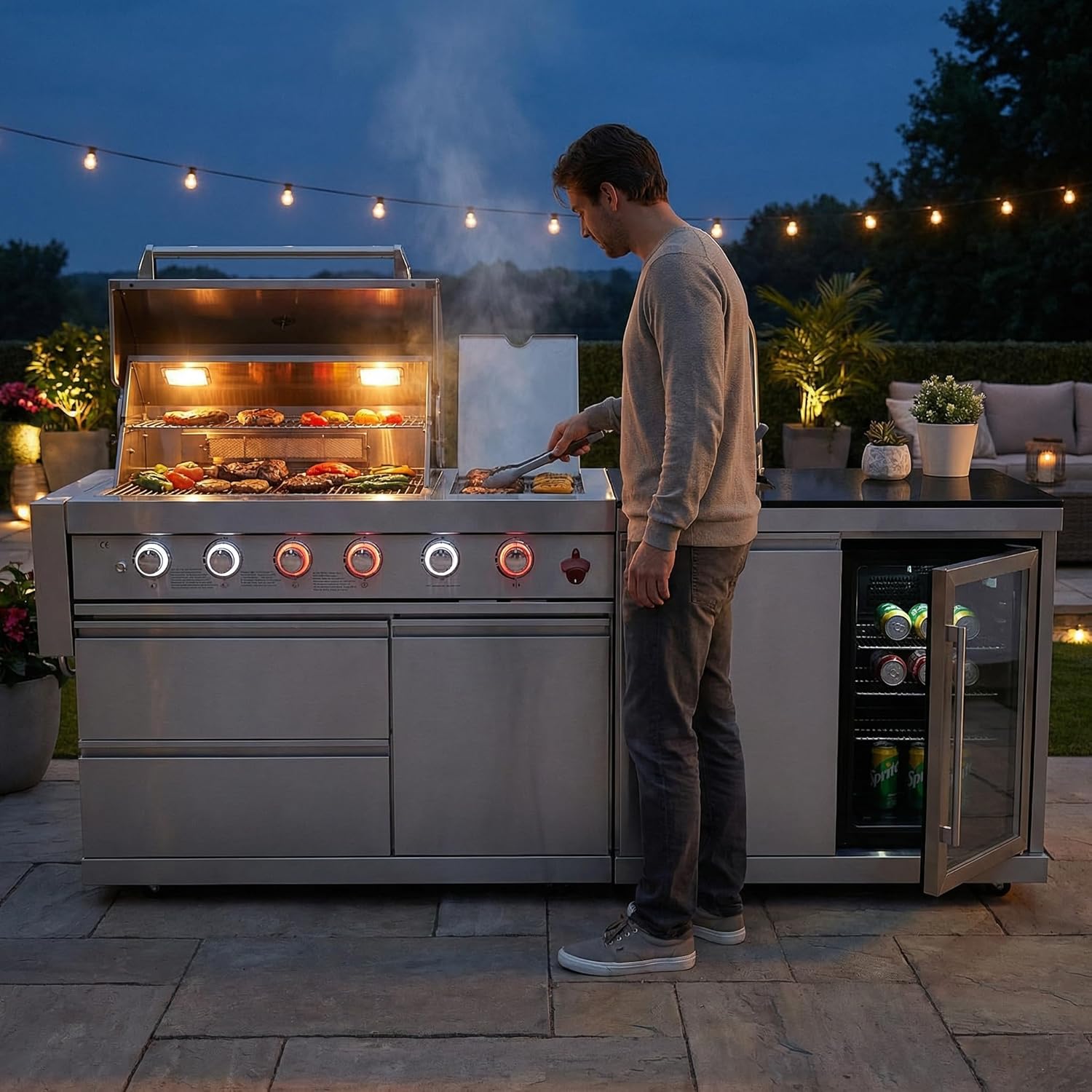 Outdoor BBQ Island Grill, 75,300 BTU 4 Burners + Side Burner, Infrared Rear Burner, LP/NG Convertible, Granite Top, Rotisserie, BBQ Tools, Cover Stainless Steel Outdoor Kitchen Island