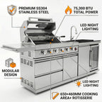 Outdoor BBQ Island Grill, 75,300 BTU 4 Burners + Side Burner, Infrared Rear Burner, LP/NG Convertible, Granite Top, Rotisserie, BBQ Tools, Cover Stainless Steel Outdoor Kitchen Island