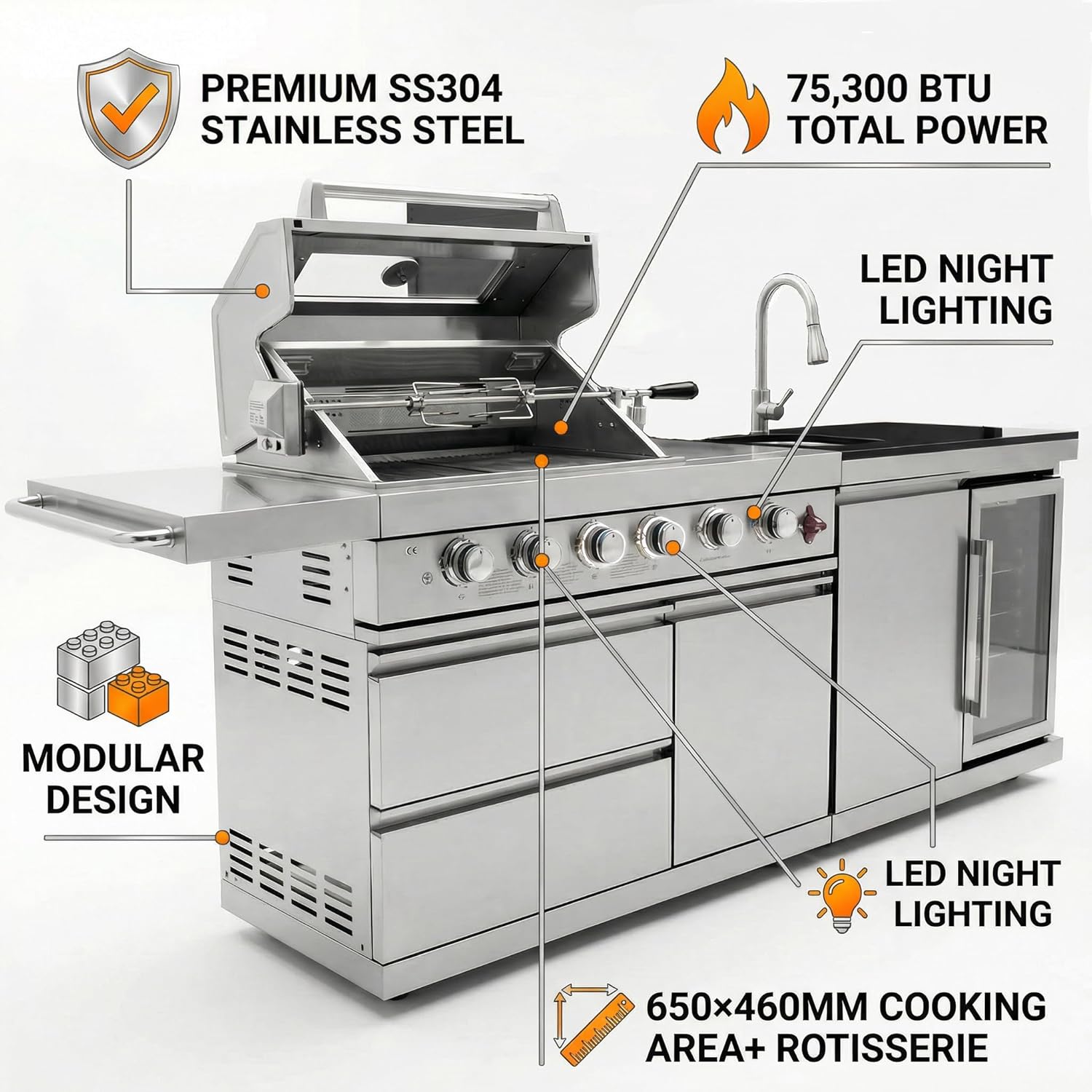 Outdoor BBQ Island Grill, 75,300 BTU 4 Burners + Side Burner, Infrared Rear Burner, LP/NG Convertible, Granite Top, Rotisserie, BBQ Tools, Cover Stainless Steel Outdoor Kitchen Island