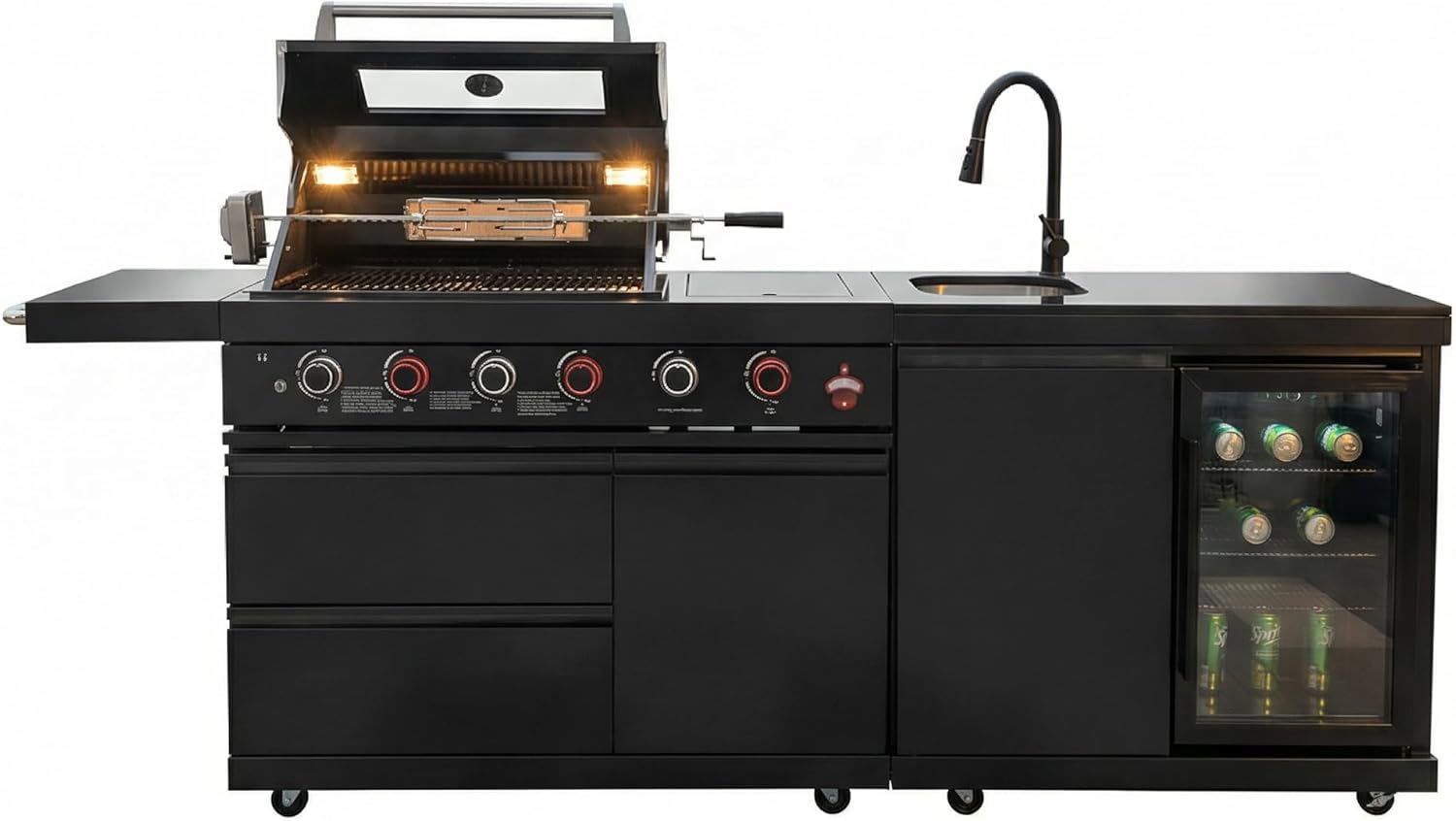 Outdoor BBQ Island Grill, 75,300 BTU 4 Burners + Side Burner, Infrared Rear Burner, LP/NG Convertible, Granite Top, Rotisserie, BBQ Tools, Cover Stainless Steel Outdoor Kitchen Island