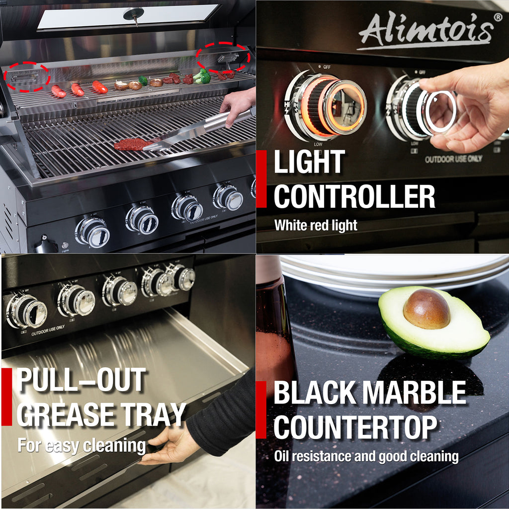 82-Inch 6-Burner 85000 BTU Deluxe Stainless Steel Gas BBQ Island Outdoor Kitchen with Wine Cooler, Rotisserie Kit, Granite Countertops & Stainless Steel Sink - Modular Outdoor Kitchen