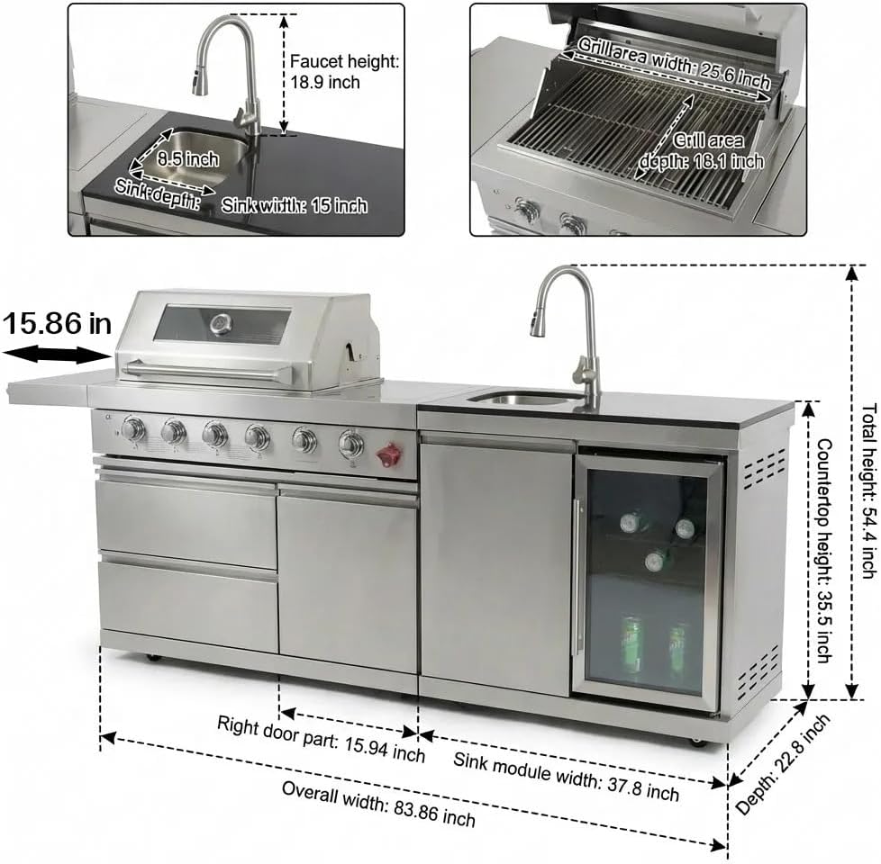 Outdoor BBQ Island Grill, 75,300 BTU 4 Burners + Side Burner, Infrared Rear Burner, LP/NG Convertible, Granite Top, Rotisserie, BBQ Tools, Cover Stainless Steel Outdoor Kitchen Island