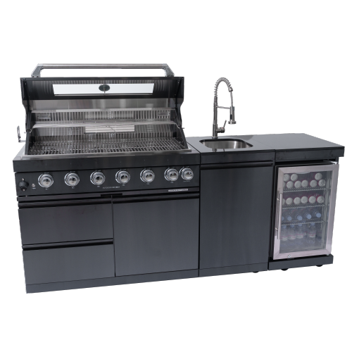 82-Inch 6-Burner 85000 BTU Deluxe Stainless Steel Gas BBQ Island Outdoor Kitchen with Wine Cooler, Rotisserie Kit, Granite Countertops & Stainless Steel Sink - Modular Outdoor Kitchen