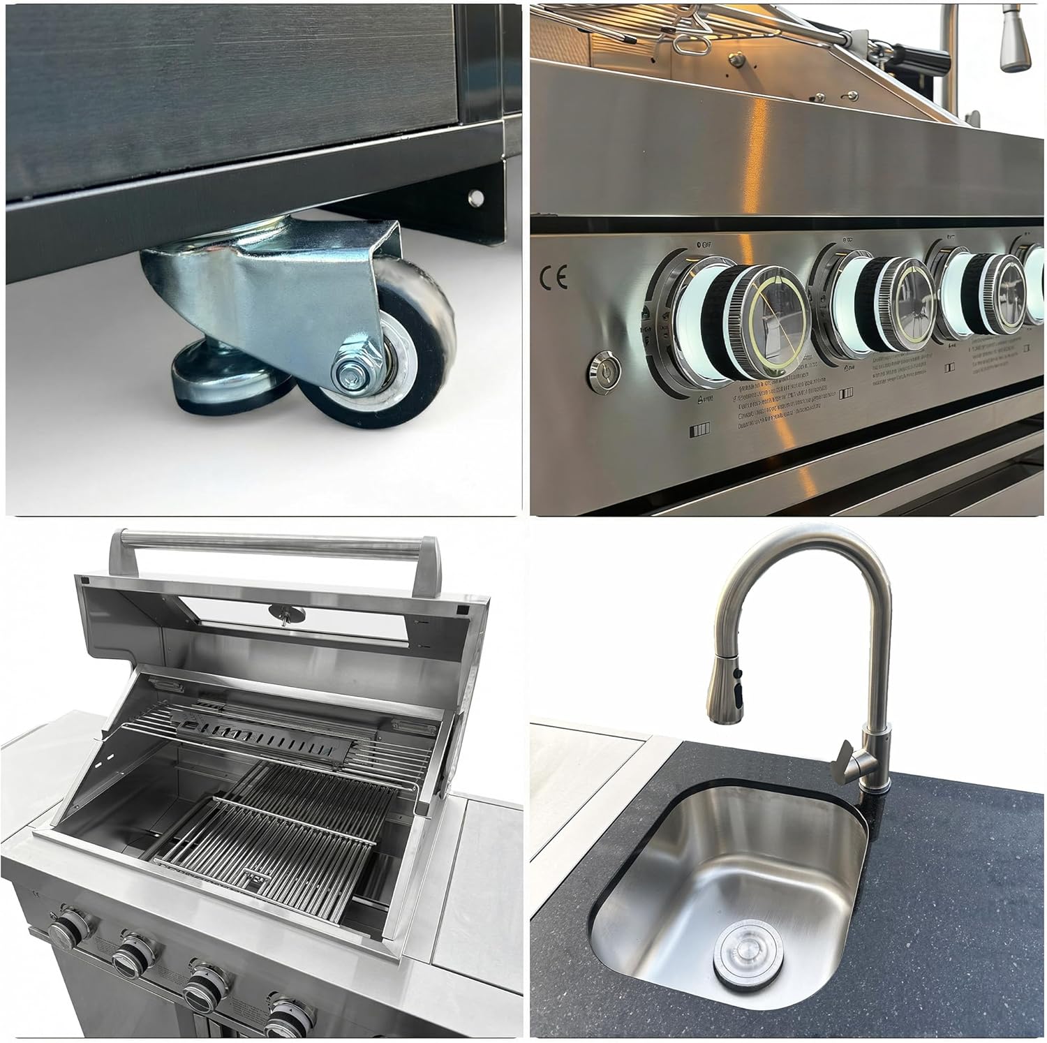 Outdoor BBQ Island Grill, 75,300 BTU 4 Burners + Side Burner, Infrared Rear Burner, LP/NG Convertible, Granite Top, Rotisserie, BBQ Tools, Cover Stainless Steel Outdoor Kitchen Island