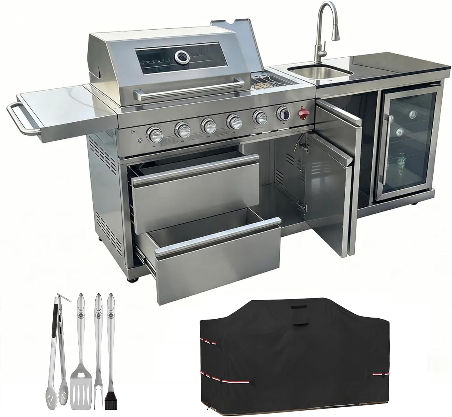 Outdoor BBQ Island Grill, 75,300 BTU 4 Burners + Side Burner, Infrared Rear Burner, LP/NG Convertible, Granite Top, Rotisserie, BBQ Tools, Cover Stainless Steel Outdoor Kitchen Island