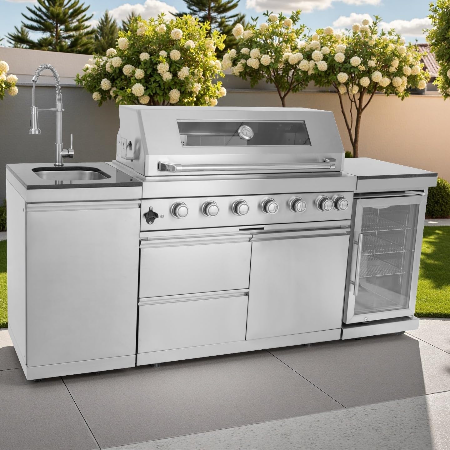 Outdoor Kitchen Island 85" 6-Burner 85000 BTU Deluxe Modular BBQ Island - Grill Islands w/Wine Cooler, Built in Combo Outside Island + Rotisserie & Granite Top Outdoor Grill