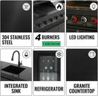 Outdoor BBQ Island Grill, 75,300 BTU 4 Burners + Side Burner, Infrared Rear Burner, LP/NG Convertible, Granite Top, Rotisserie, BBQ Tools, Cover Stainless Steel Outdoor Kitchen Island