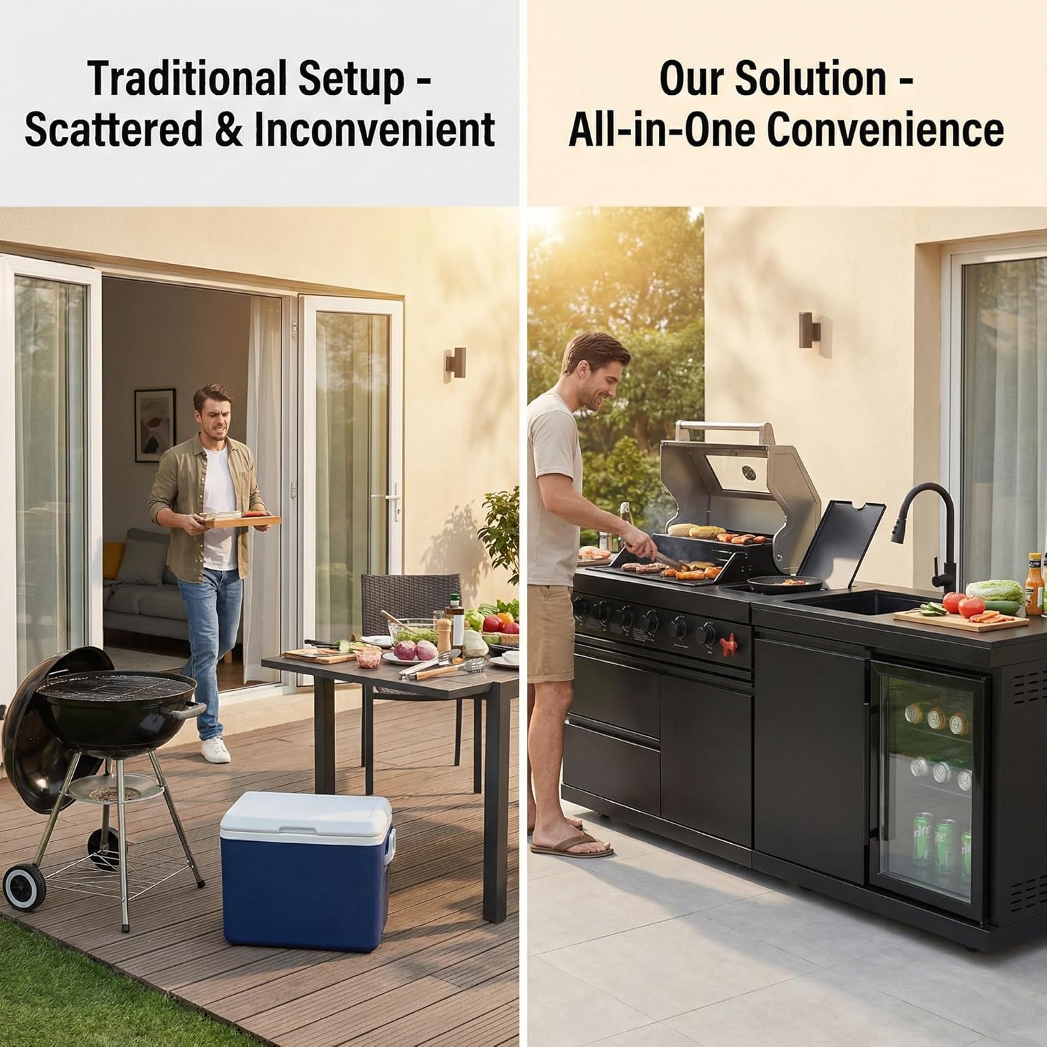 Outdoor BBQ Island Grill, 75,300 BTU 4 Burners + Side Burner, Infrared Rear Burner, LP/NG Convertible, Granite Top, Rotisserie, BBQ Tools, Cover Stainless Steel Outdoor Kitchen Island