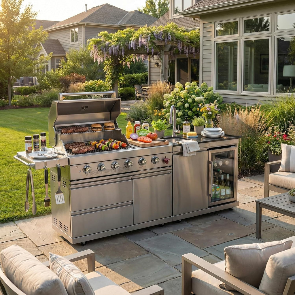 Outdoor BBQ Island Grill, 75,300 BTU 4 Burners + Side Burner, Infrared Rear Burner, LP/NG Convertible, Granite Top, Rotisserie, BBQ Tools, Cover Stainless Steel Outdoor Kitchen Island