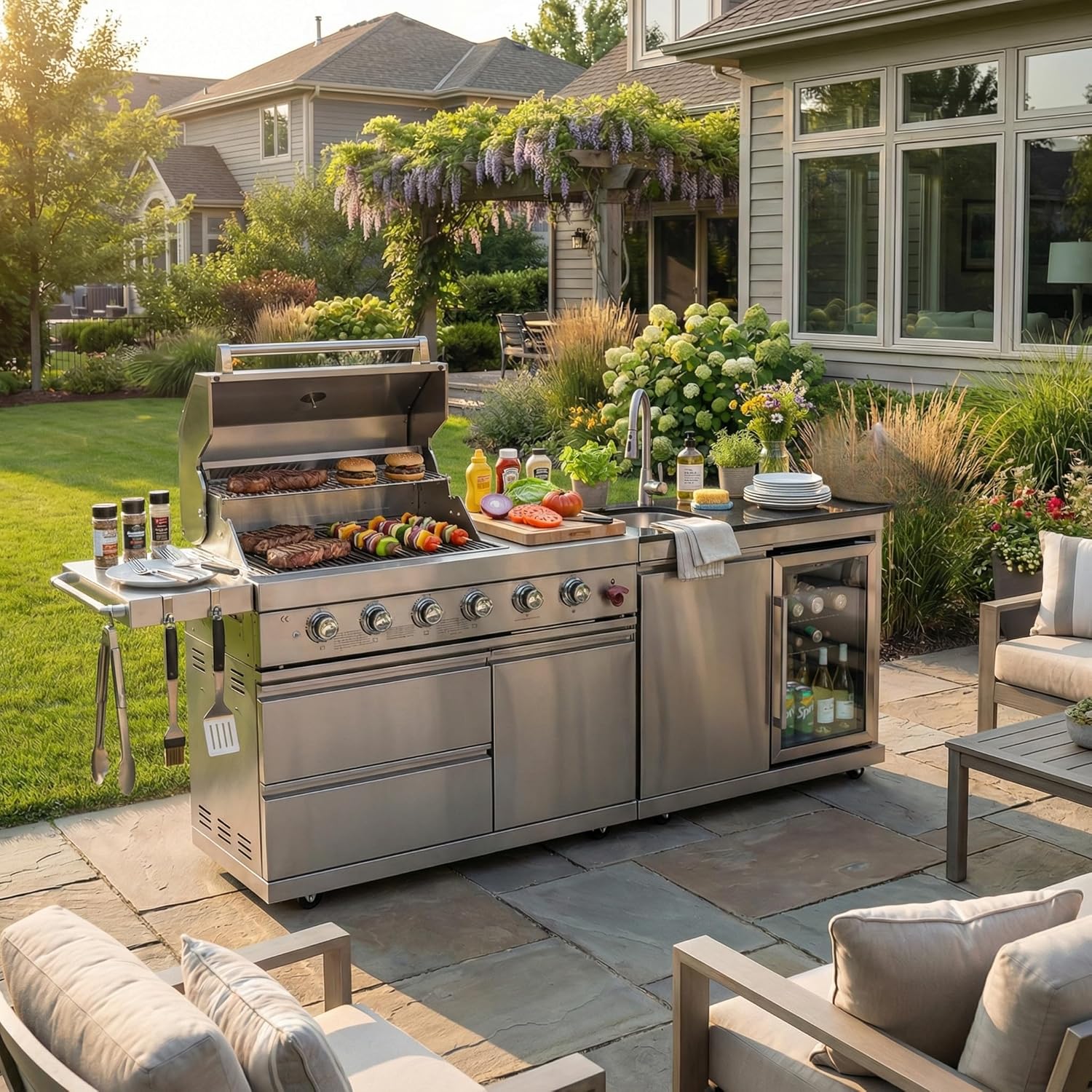 Outdoor BBQ Island Grill, 75,300 BTU 4 Burners + Side Burner, Infrared Rear Burner, LP/NG Convertible, Granite Top, Rotisserie, BBQ Tools, Cover Stainless Steel Outdoor Kitchen Island