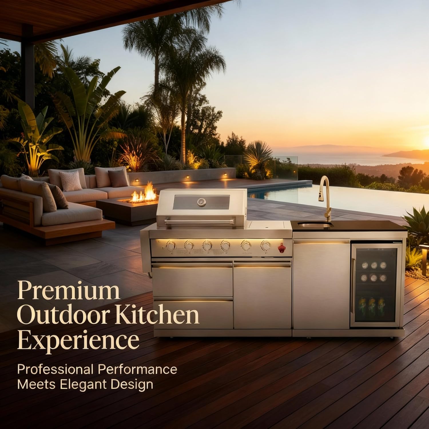 Outdoor BBQ Island Grill, 75,300 BTU 4 Burners + Side Burner, Infrared Rear Burner, LP/NG Convertible, Granite Top, Rotisserie, BBQ Tools, Cover Stainless Steel Outdoor Kitchen Island