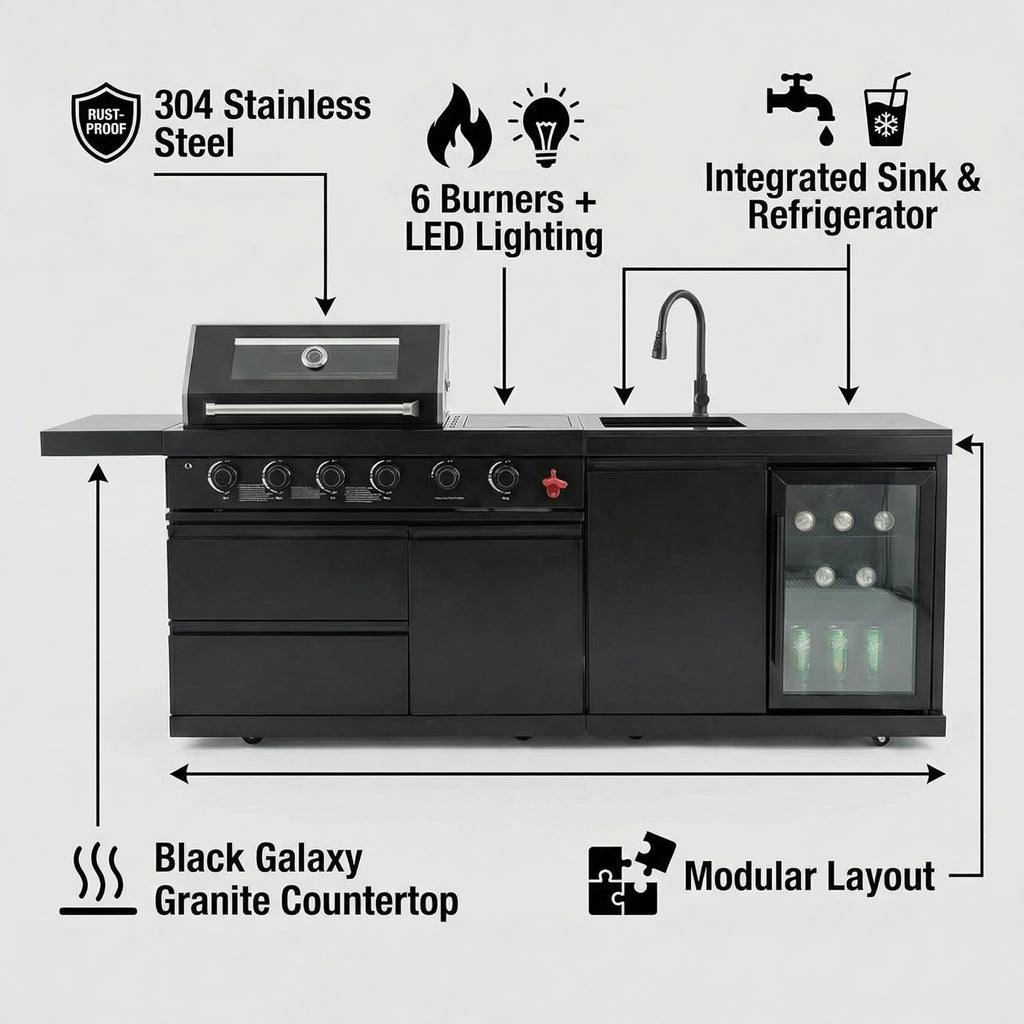 Outdoor BBQ Island Grill, 75,300 BTU 4 Burners + Side Burner, Infrared Rear Burner, LP/NG Convertible, Granite Top, Rotisserie, BBQ Tools, Cover Stainless Steel Outdoor Kitchen Island