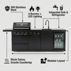 Outdoor BBQ Island Grill, 75,300 BTU 4 Burners + Side Burner, Infrared Rear Burner, LP/NG Convertible, Granite Top, Rotisserie, BBQ Tools, Cover Stainless Steel Outdoor Kitchen Island