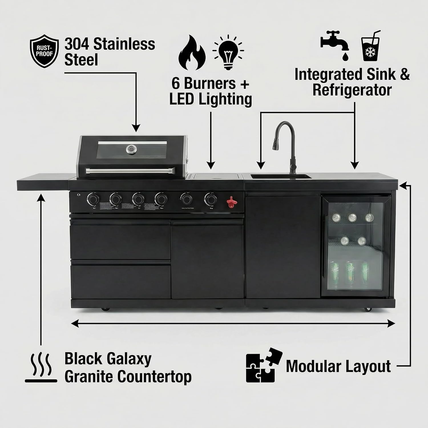 Outdoor BBQ Island Grill, 75,300 BTU 4 Burners + Side Burner, Infrared Rear Burner, LP/NG Convertible, Granite Top, Rotisserie, BBQ Tools, Cover Stainless Steel Outdoor Kitchen Island