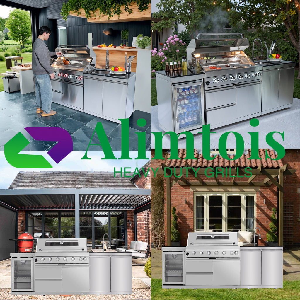 BBQ Island Outdoor Kitchen: 96-Inch 6-Burner 85000 BTU Modular Outdoor Grill Islands with Grill + Wine Cooler Refrigerator + Rotisserie + / Steel Sink/Storage Cabinets & Drawers