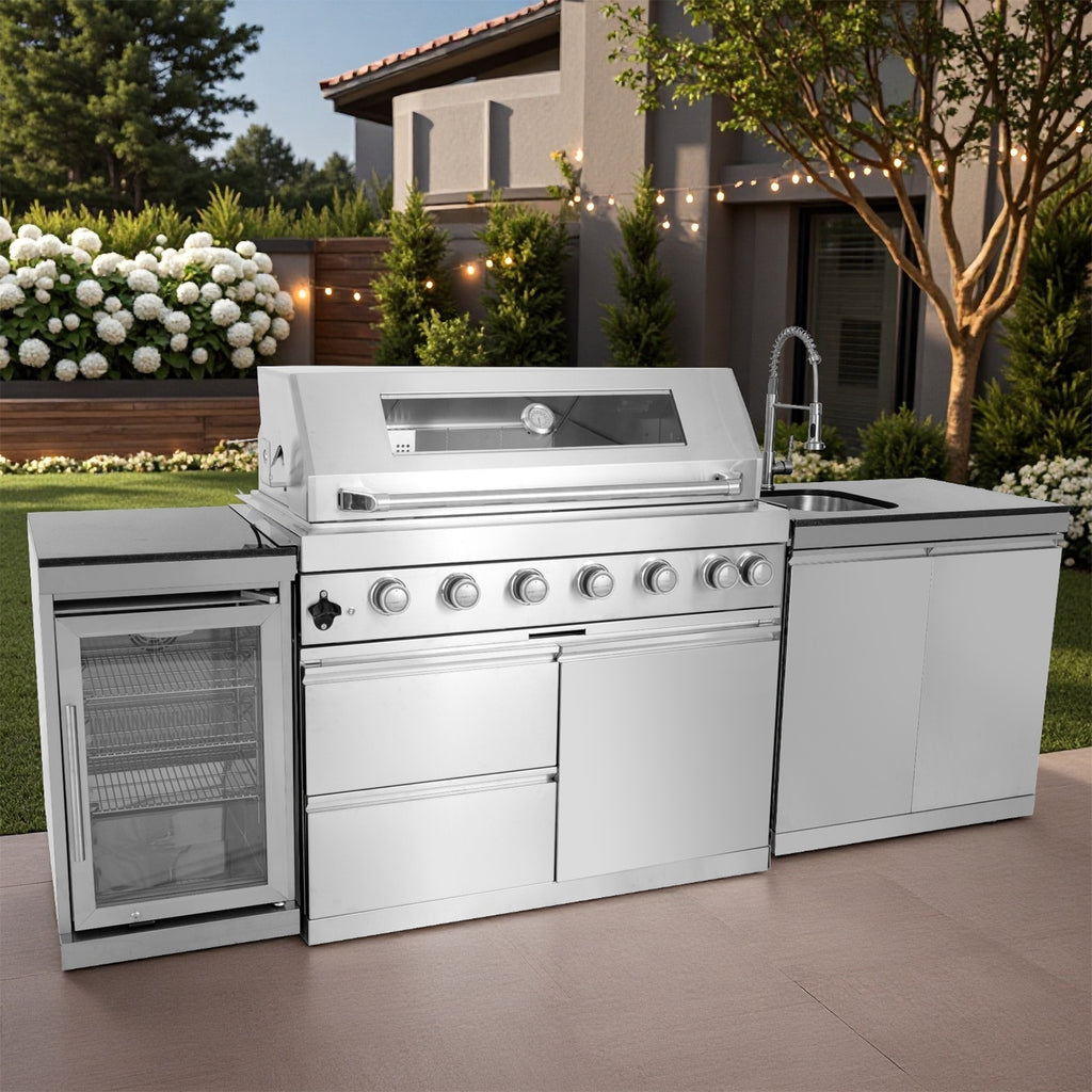 BBQ Island Outdoor Kitchen: 96-Inch 6-Burner 85000 BTU Modular Outdoor Grill Islands with Grill + Wine Cooler Refrigerator + Rotisserie + / Steel Sink/Storage Cabinets & Drawers