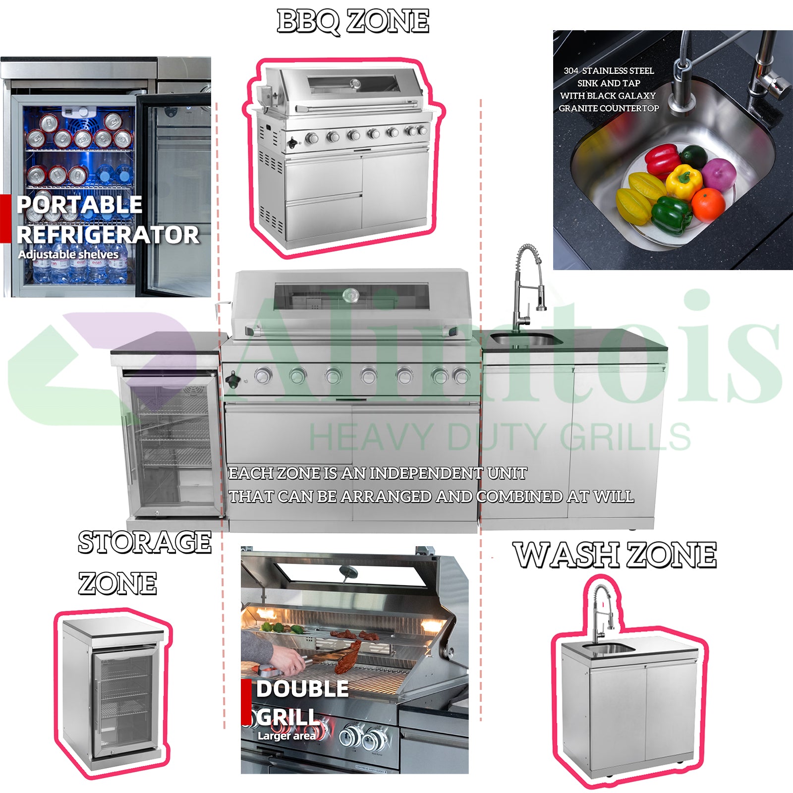 BBQ Island Outdoor Kitchen: 96-Inch 6-Burner 85000 BTU Modular Outdoor Grill Islands with Grill + Wine Cooler Refrigerator + Rotisserie + / Steel Sink/Storage Cabinets & Drawers