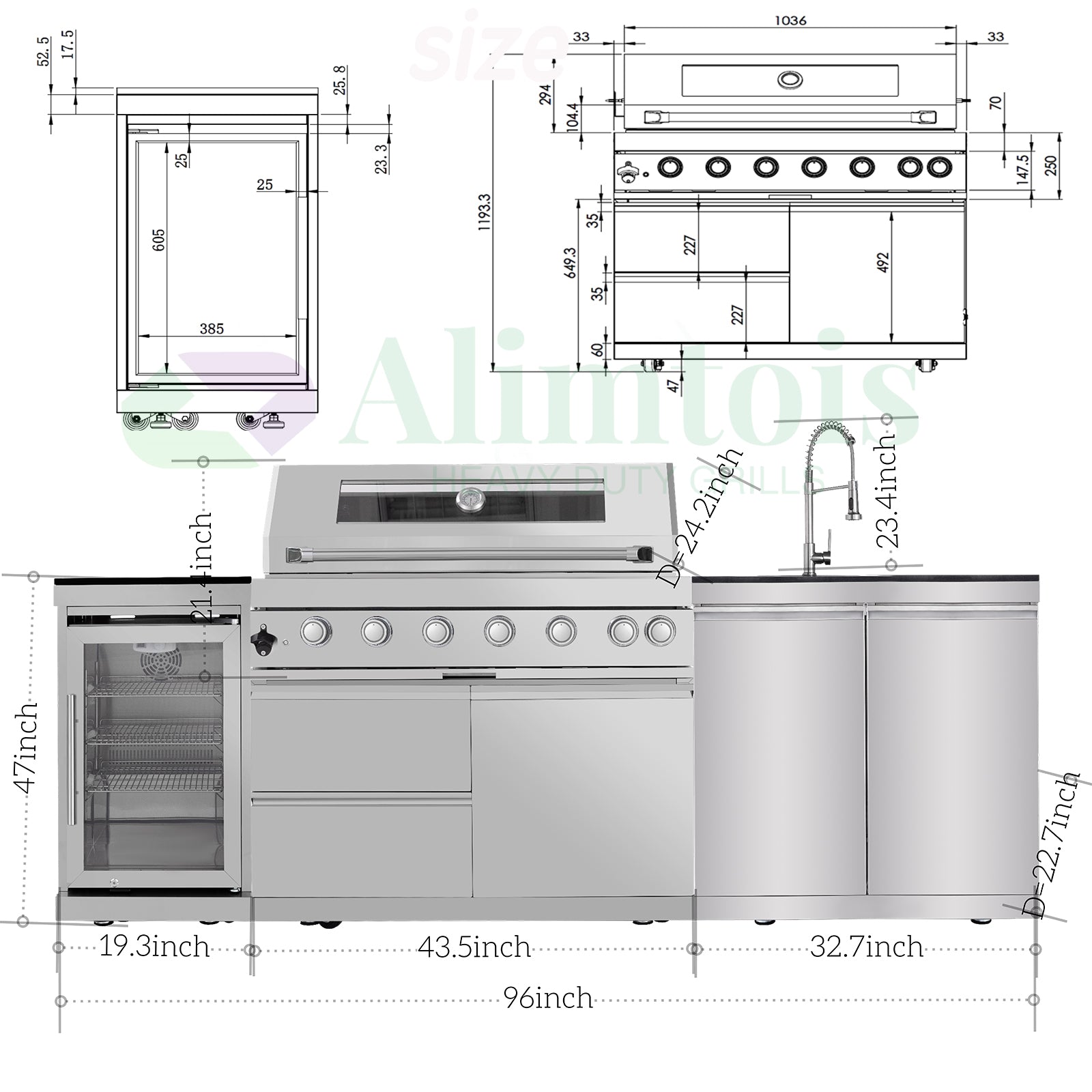 BBQ Island Outdoor Kitchen: 96-Inch 6-Burner 85000 BTU Modular Outdoor Grill Islands with Grill + Wine Cooler Refrigerator + Rotisserie + / Steel Sink/Storage Cabinets & Drawers