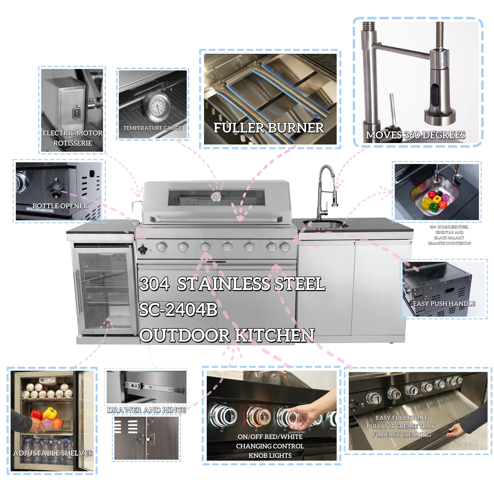 BBQ Island Outdoor Kitchen: 96-Inch 6-Burner 85000 BTU Modular Outdoor Grill Islands with Grill + Wine Cooler Refrigerator + Rotisserie + / Steel Sink/Storage Cabinets & Drawers