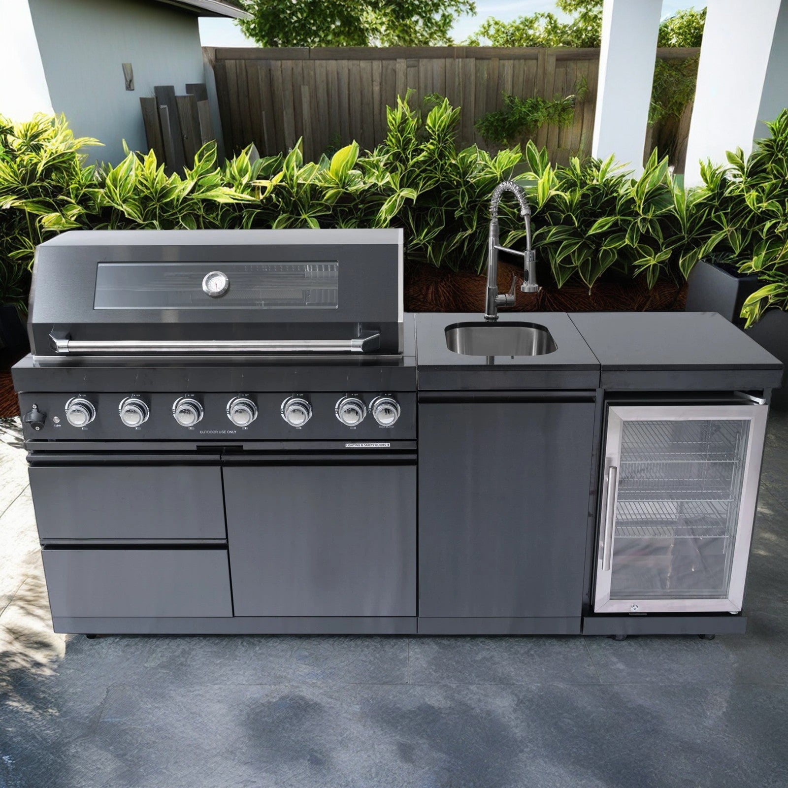 82-Inch 6-Burner 85000 BTU Deluxe Stainless Steel Gas BBQ Island Outdoor Kitchen with Wine Cooler, Rotisserie Kit, Granite Countertops & Stainless Steel Sink - Modular Outdoor Kitchen