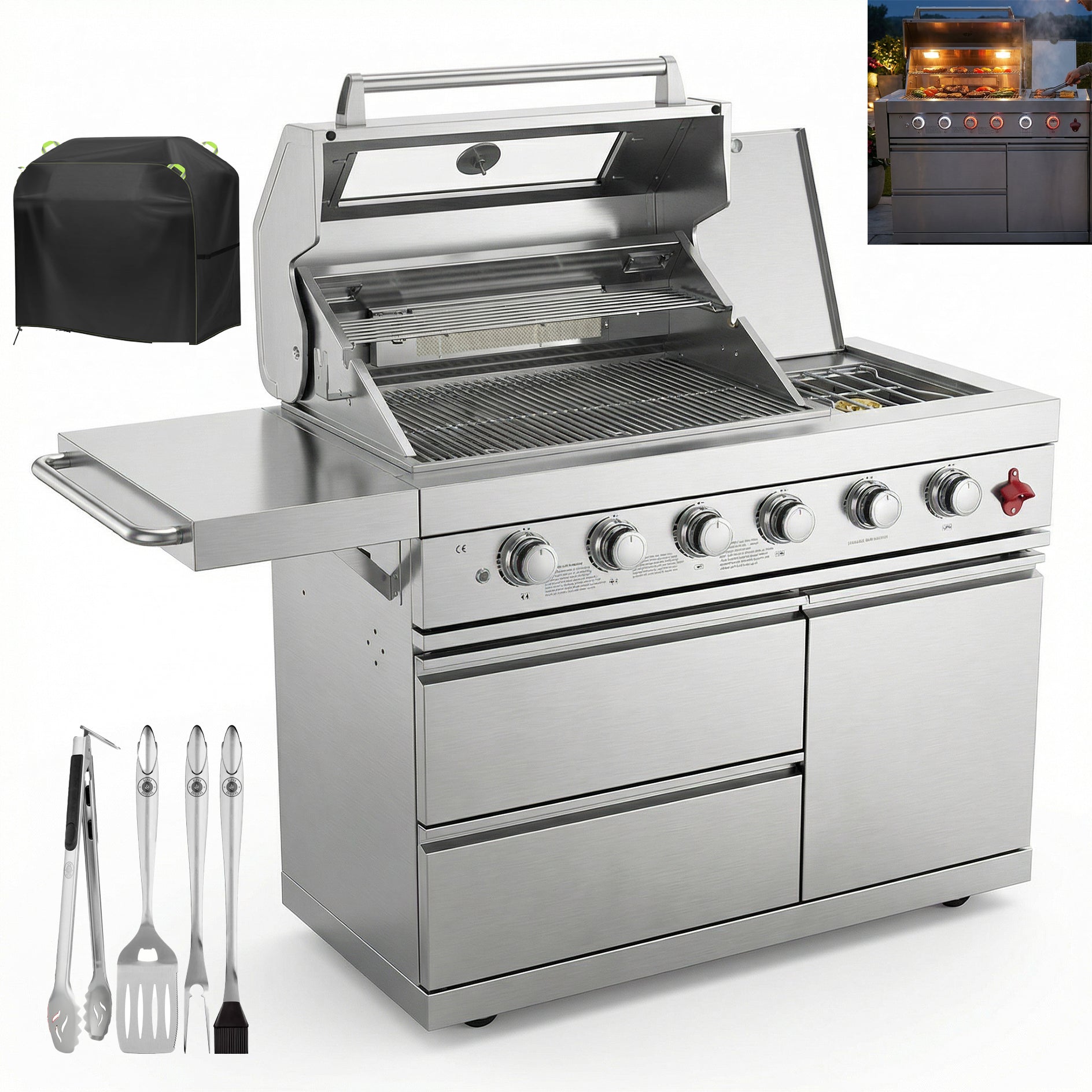 Outdoor BBQ Island Grill, 75,300 BTU 4 Burners + Side Burner, Infrared Rear Burner, LP/NG Convertible, Granite Top, Rotisserie, BBQ Tools, Cover Stainless Steel Outdoor Kitchen Island