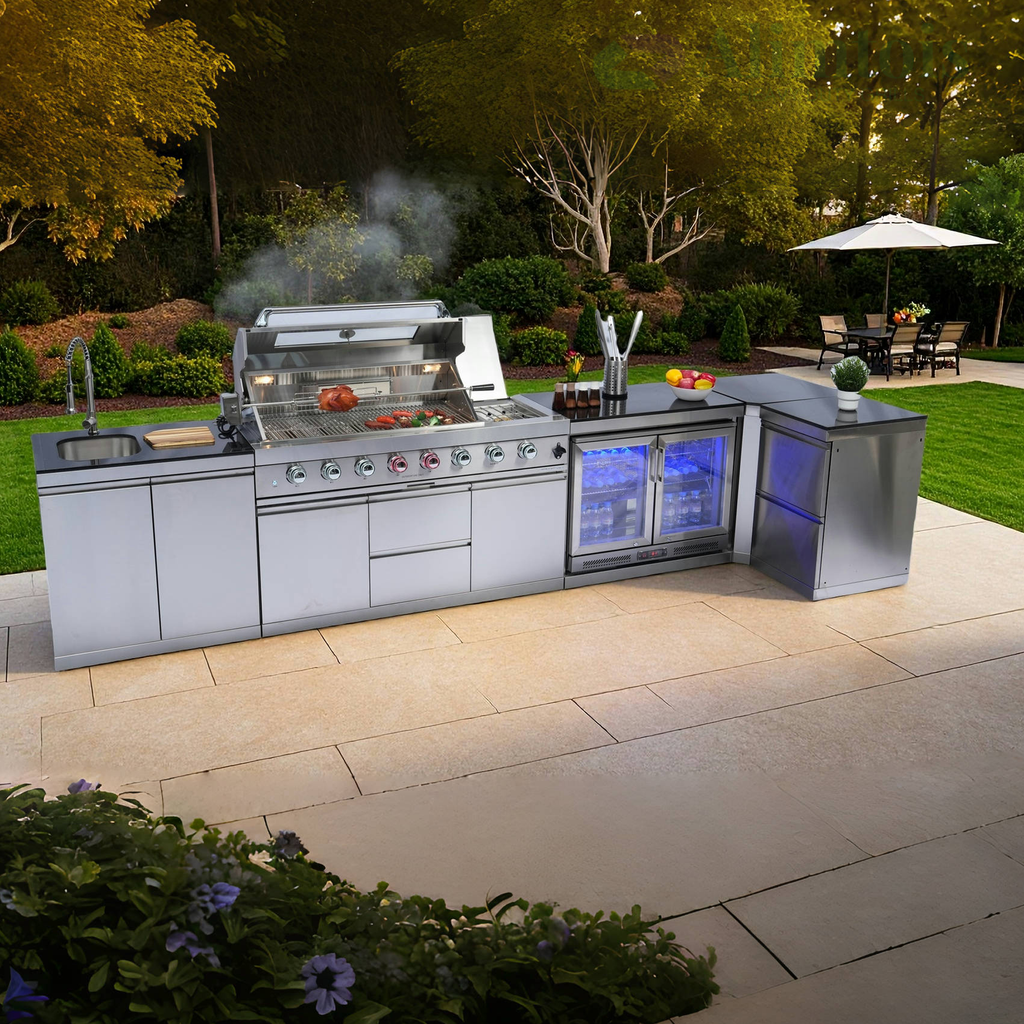 Alimtois BBQ Grill Island Outdoor Kitchen: Luxury 160 Inch 6-Burner 96000 BTU Stainless Steel Built-in Propane Gas Barbecue Station with Wine Cooler Refrigerator, Rotisserie, Storage Cabinets, Drawers, Sink