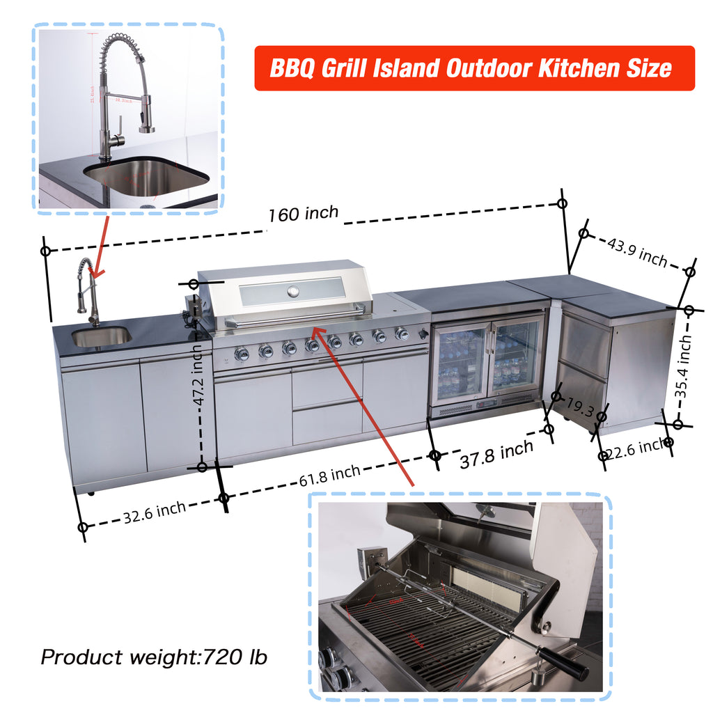 Alimtois BBQ Grill Island Outdoor Kitchen: Luxury 160 Inch 6-Burner 96000 BTU Stainless Steel Built-in Propane Gas Barbecue Station with Wine Cooler Refrigerator, Rotisserie, Storage Cabinets, Drawers, Sink