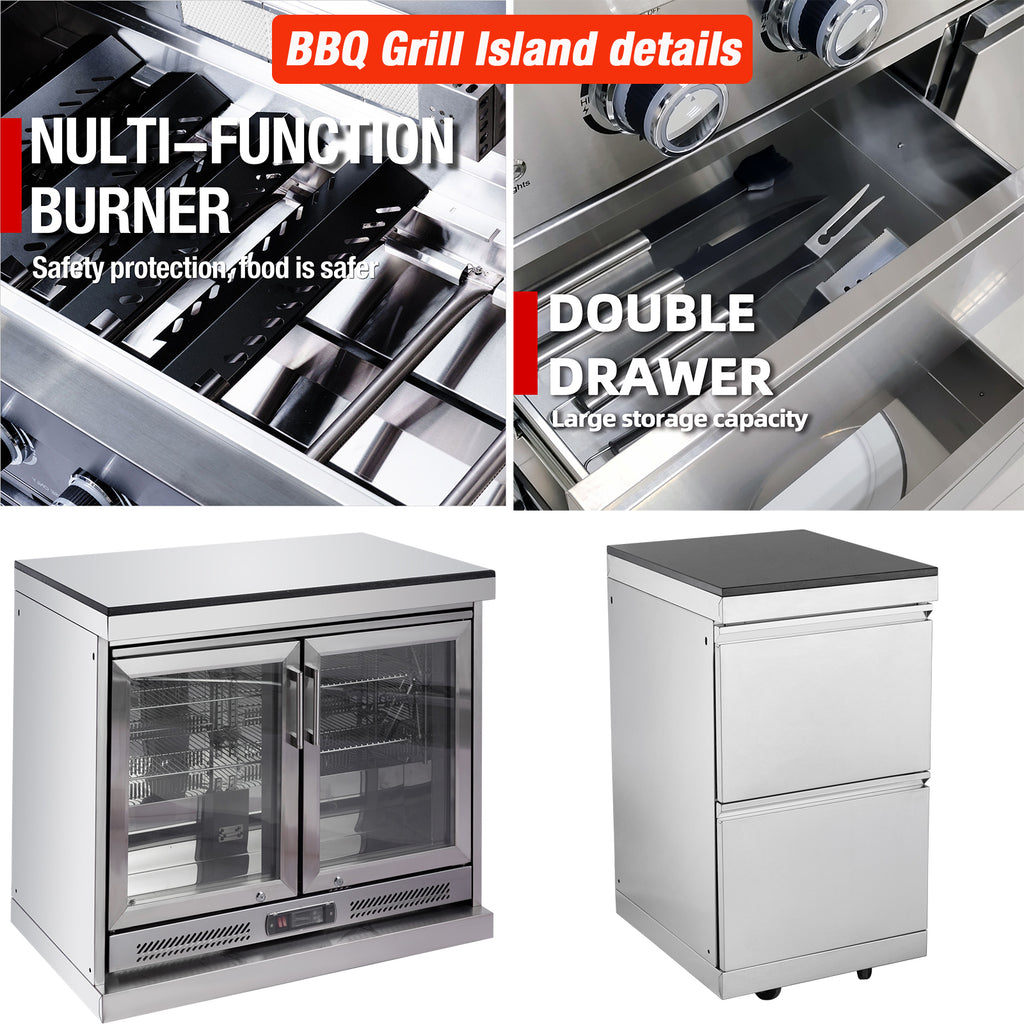 Alimtois BBQ Grill Island Outdoor Kitchen: Luxury 160 Inch 6-Burner 96000 BTU Stainless Steel Built-in Propane Gas Barbecue Station with Wine Cooler Refrigerator, Rotisserie, Storage Cabinets, Drawers, Sink