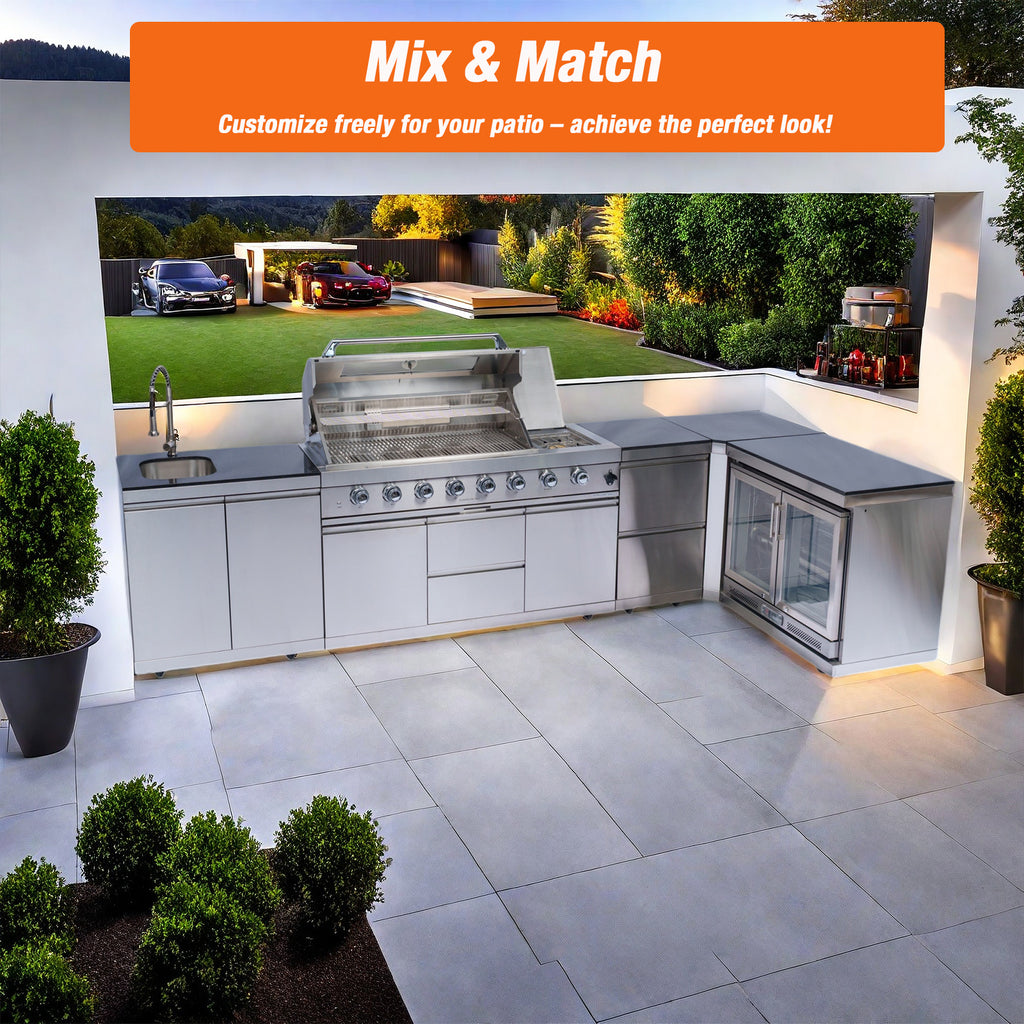 Alimtois BBQ Grill Island Outdoor Kitchen: Luxury 160 Inch 6-Burner 96000 BTU Stainless Steel Built-in Propane Gas Barbecue Station with Wine Cooler Refrigerator, Rotisserie, Storage Cabinets, Drawers, Sink