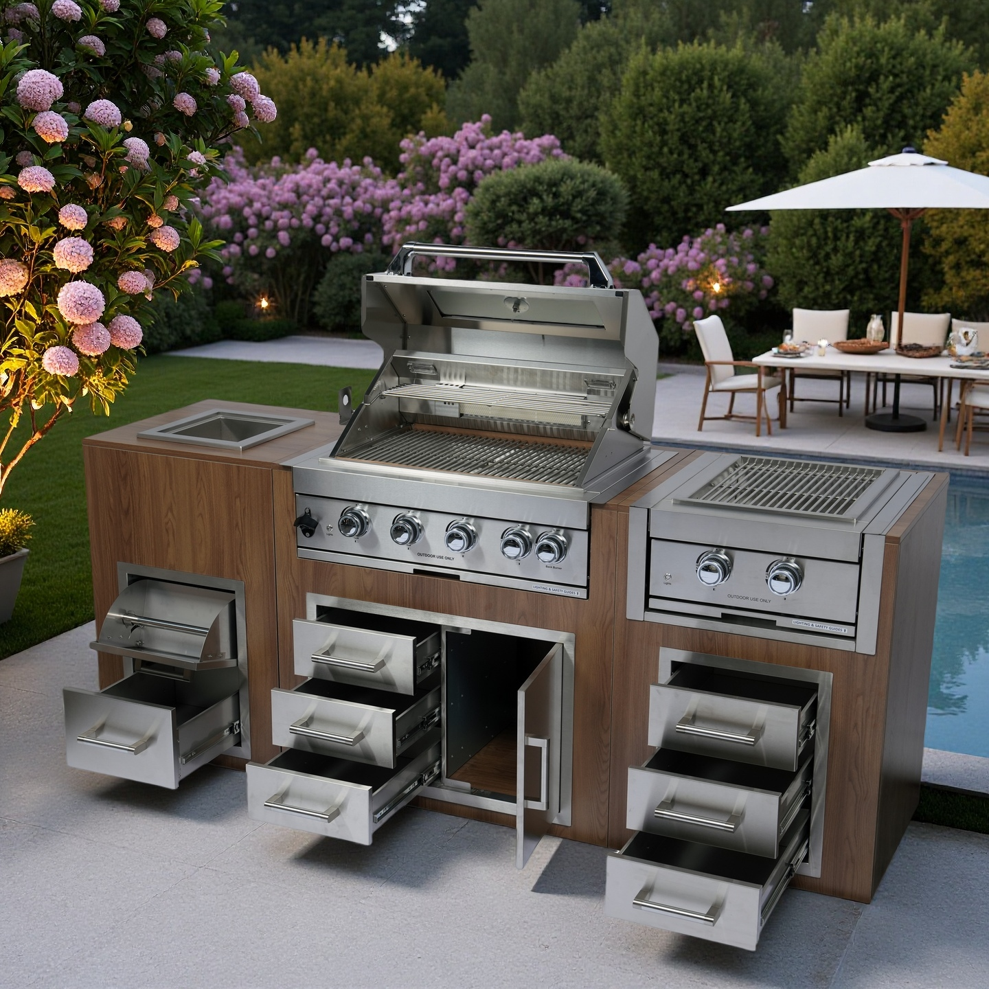 Built in Gas Grill Package: 32" 4-Burner Propane Gas Grill (60,000 BTU) + 26" Powerful Dual Rear Infrared Side Burner + Drop In Storage Drawers + insert Ice Bin + 6 Cooking Conversions