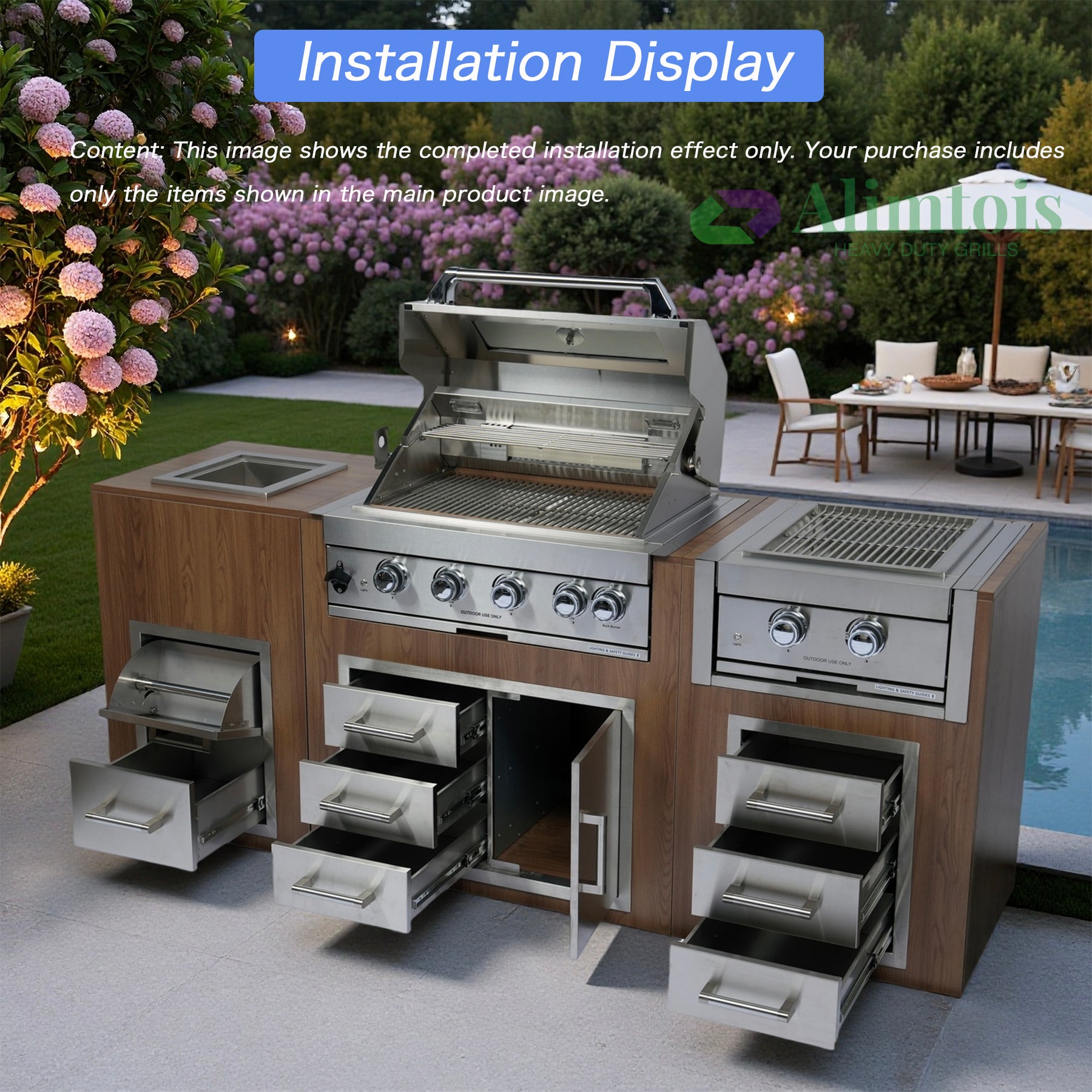 Built in Gas Grill Package: 32" 4-Burner Propane Gas Grill (60,000 BTU) + 26" Powerful Dual Rear Infrared Side Burner + Drop In Storage Drawers + insert Ice Bin + 6 Cooking Conversions