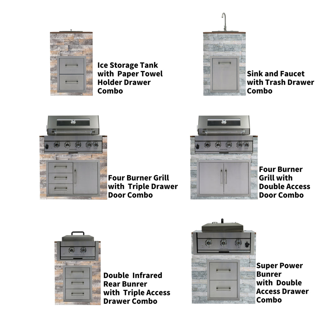 Built in Gas Grill Package: 32" 4-Burner Propane Gas Grill (60,000 BTU) + 26" Powerful Dual Rear Infrared Side Burner + Drop In Storage Drawers + insert Ice Bin + 6 Cooking Conversions
