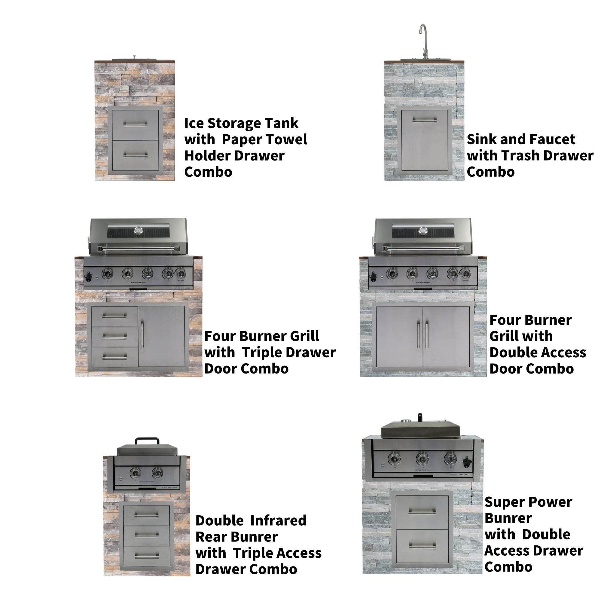 Built in Gas Grill Package: 32" 4-Burner Propane Gas Grill (60,000 BTU) + 26" Powerful Dual Rear Infrared Side Burner + Drop In Storage Drawers + insert Ice Bin + 6 Cooking Conversions