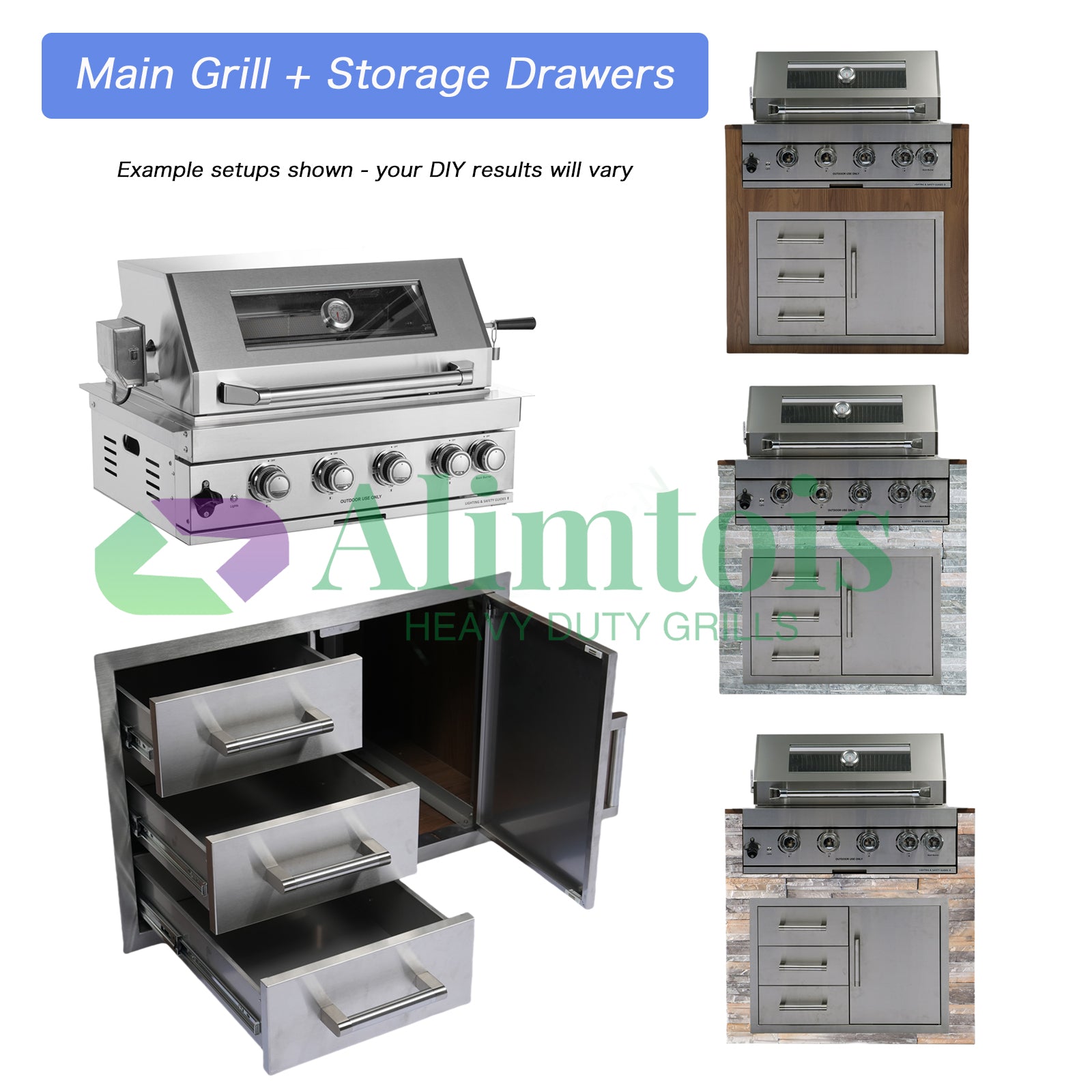 Built in Gas Grill Package: 32" 4-Burner Propane Gas Grill (60,000 BTU) + 26" Powerful Dual Rear Infrared Side Burner + Drop In Storage Drawers + insert Ice Bin + 6 Cooking Conversions