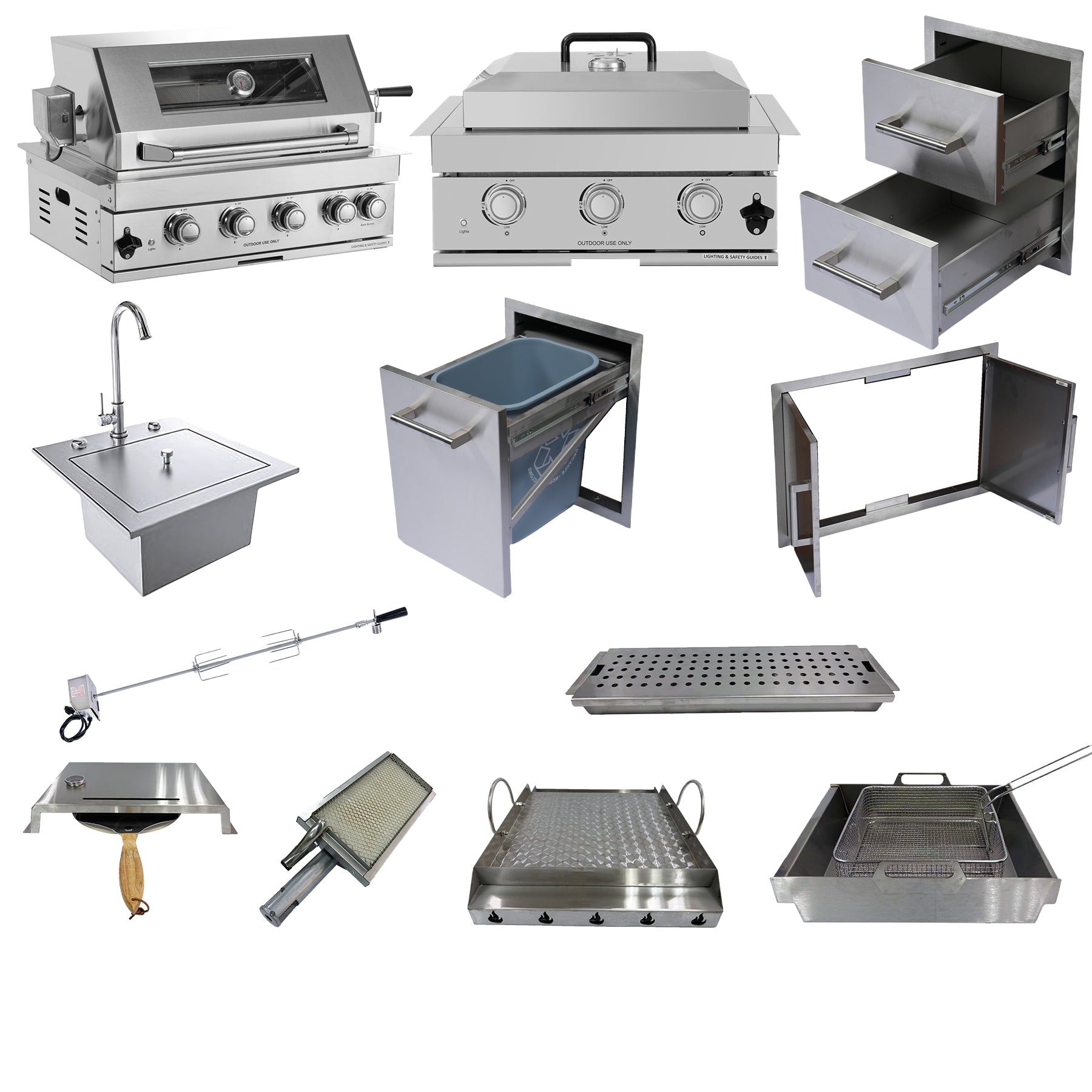 Alimtois Built in Gas Grill Outdoor: 13 pcs Drop in Propane Gas Grills 32 inch BBQ 4 Burner 60000 BTU Stainless Island Barbecue Cooking Station with inserts Sink Drawer Door Rotisserie Kit Complete Set