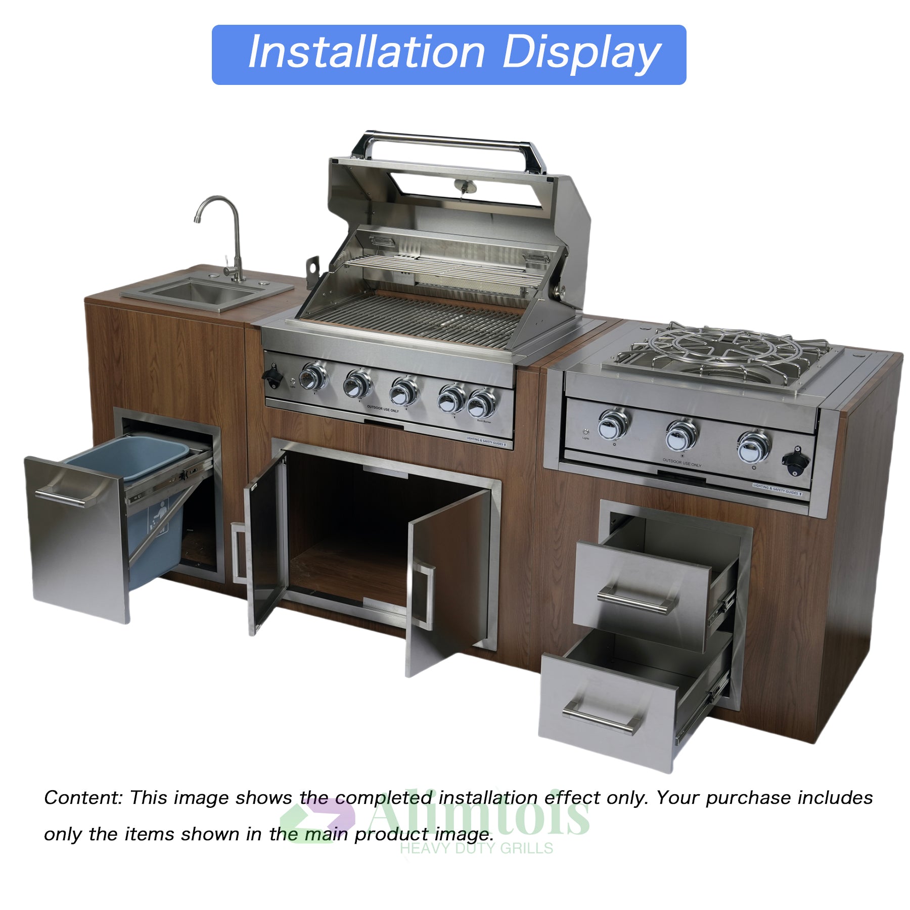 Alimtois Built in Gas Grill Outdoor: 13 pcs Drop in Propane Gas Grills 32 inch BBQ 4 Burner 60000 BTU Stainless Island Barbecue Cooking Station with inserts Sink Drawer Door Rotisserie Kit Complete Set